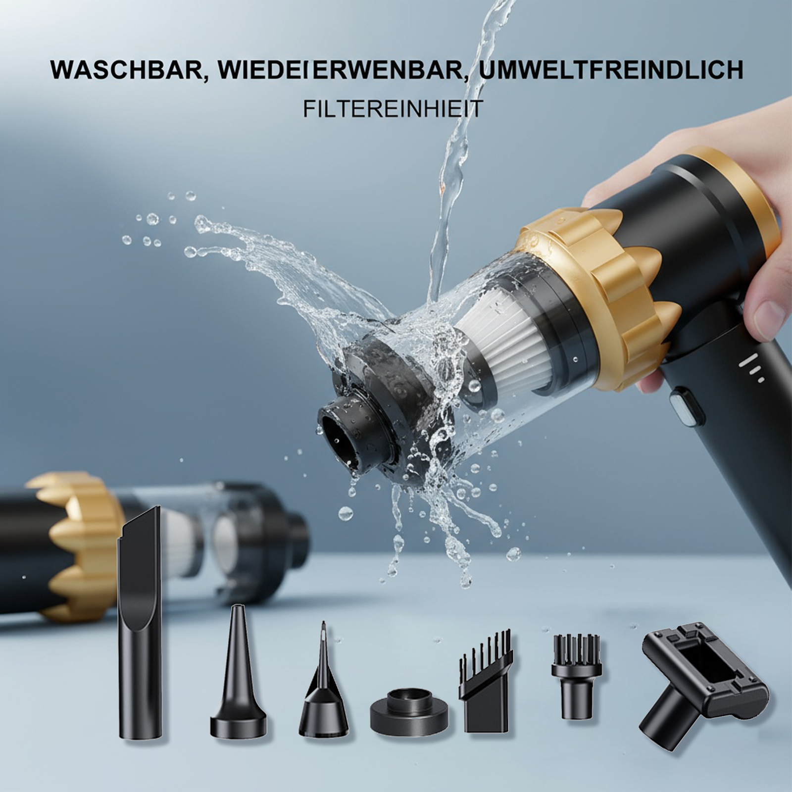 Ein Handstaubsauger wird mit Wasser abgespült. Verschiedene schwarze Düsen sind darunter. Der Korpus ist schwarz und gold.