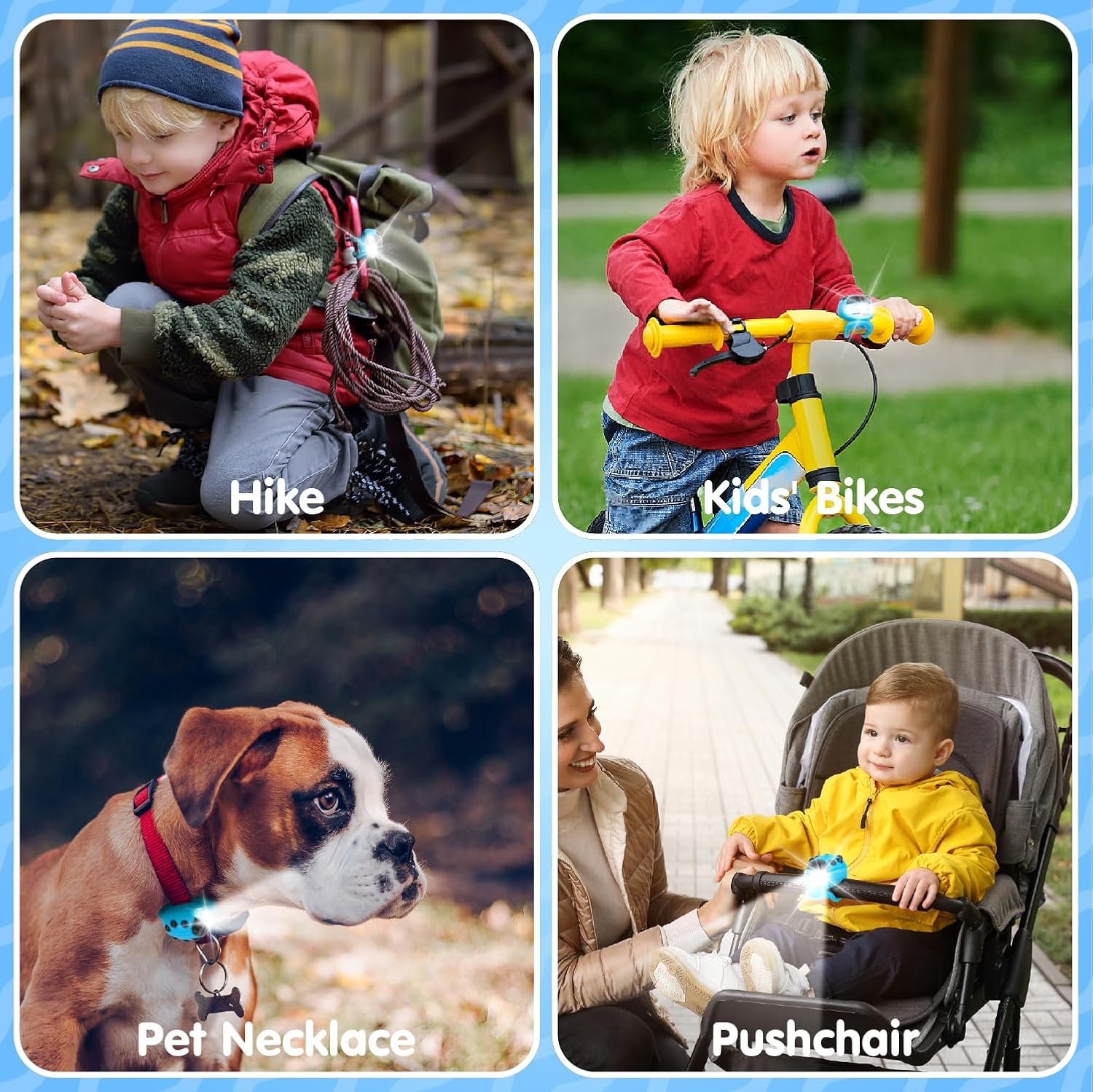 Eine Collage mit vier Bildern: ein Junge beim Wandern, ein Kind auf einem gelben Fahrrad, ein Hund mit Halsband und ein Baby im Kinderwagen.