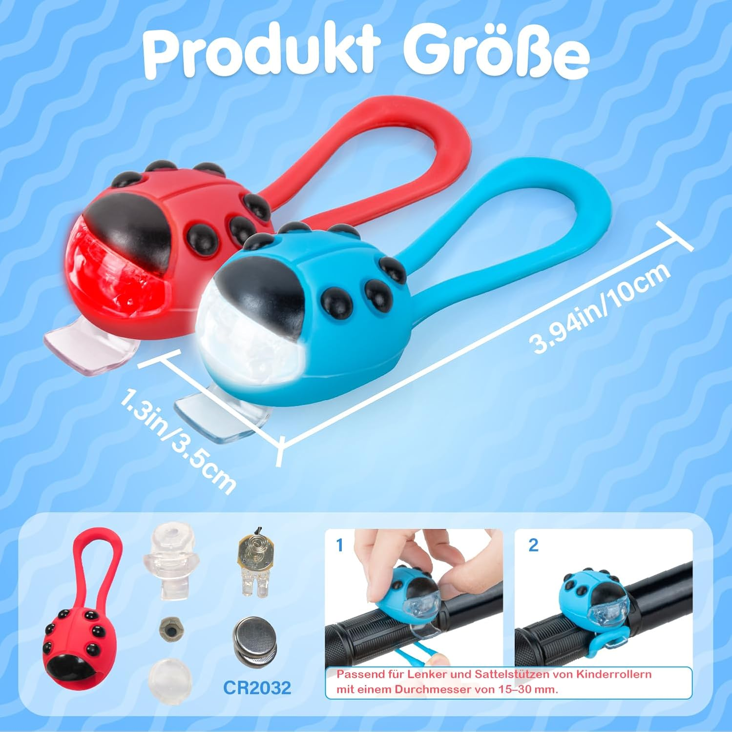 Zwei käferförmige Fahrradlichter, rot und blau, mit Abmessungen. Teile und Anweisungen werden gezeigt. Text auf Deutsch: Produkt Größe, CR2032 usw.