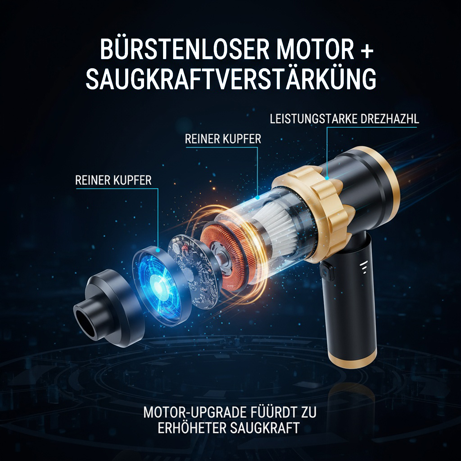 Diagramm eines Staubsaugermotors mit internen Komponenten und Beschriftungen. Kupferteile sind hervorgehoben.