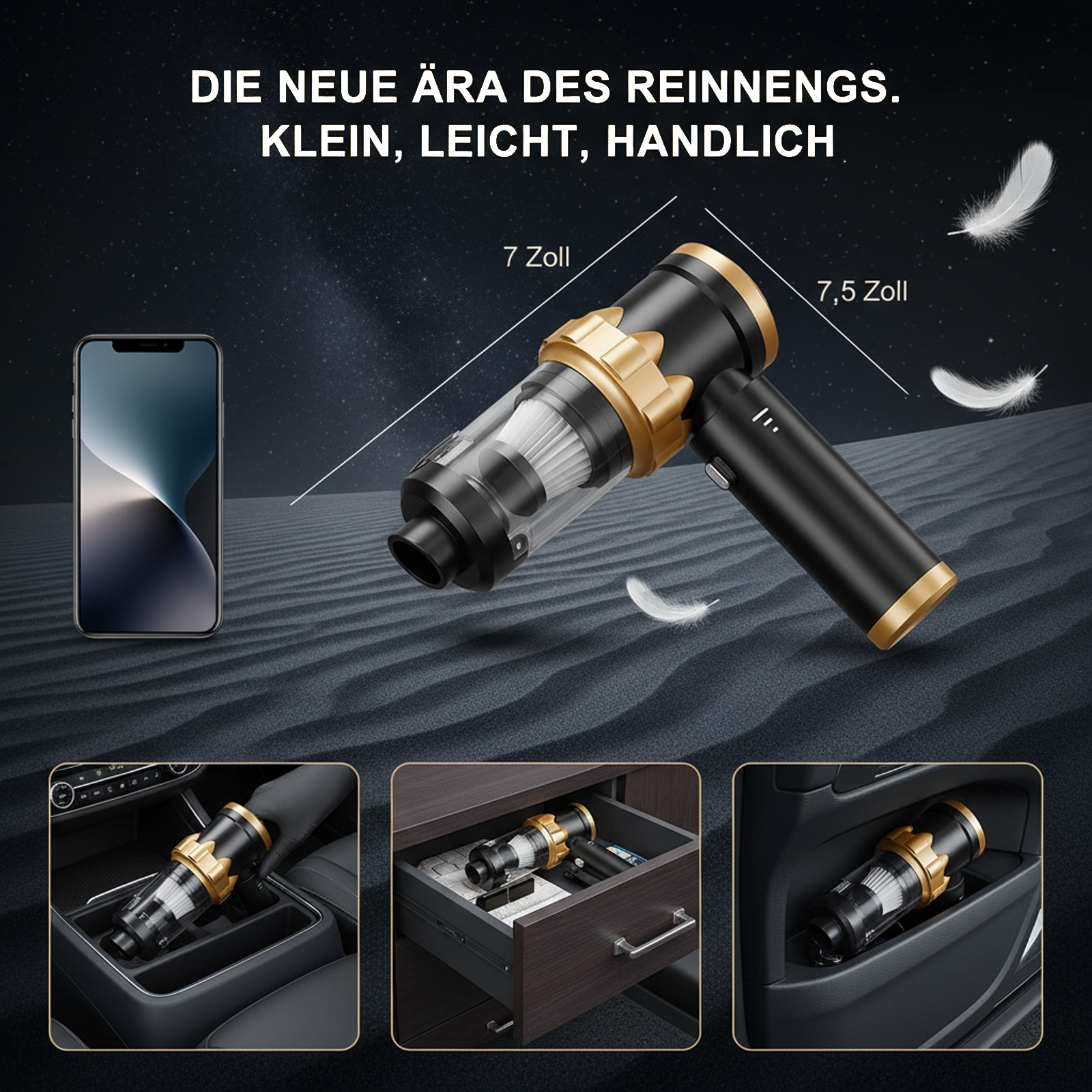 Ein Handstaubsauger wird mit einem Telefon gezeigt. Er ist schwarz und goldfarben, mit mehreren Anwendungsfällen.