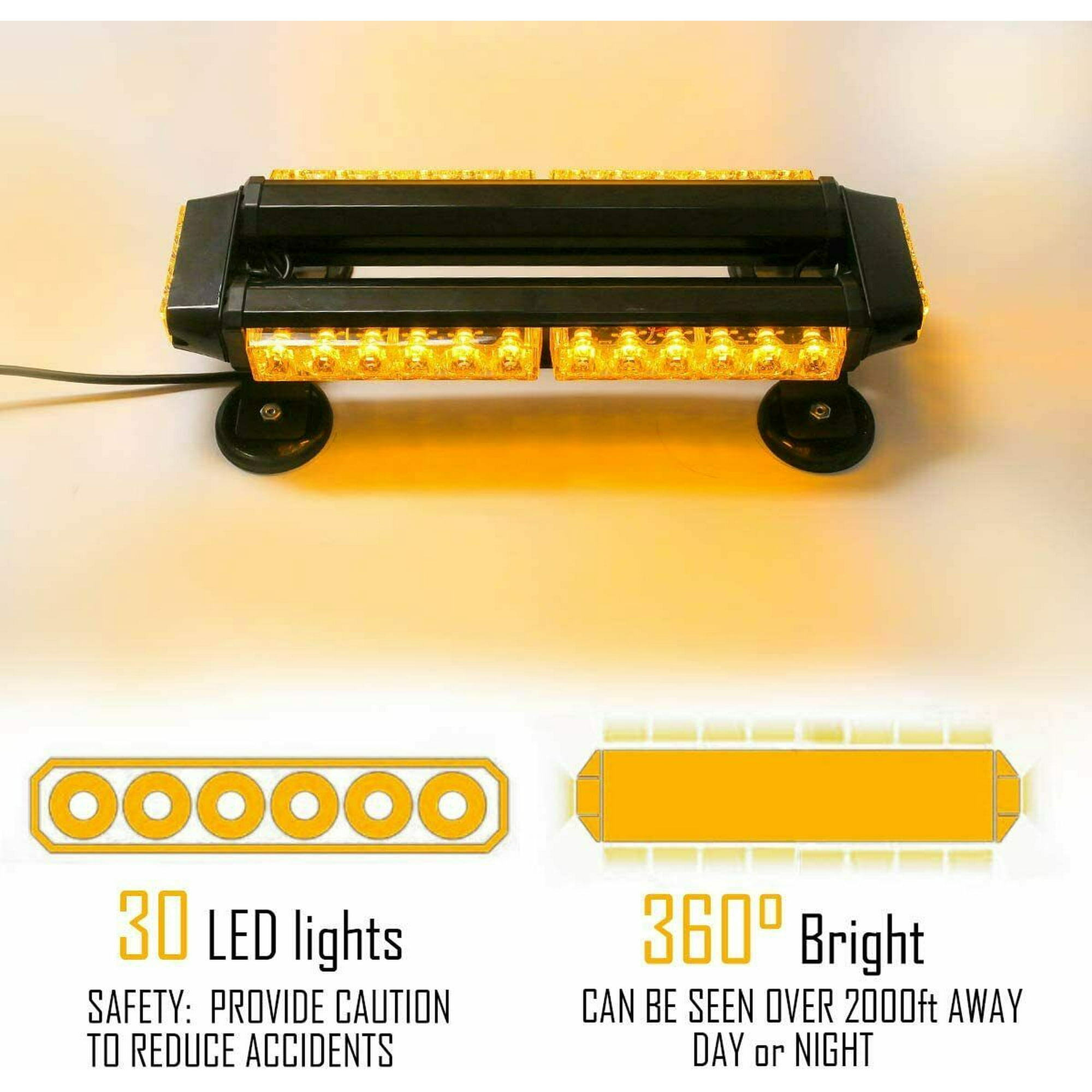 Eine schwarze und gelbe LED-Lichtleiste mit Saugnäpfen und Text, der 30 LED-Leuchten und 360° Helligkeit erwähnt.