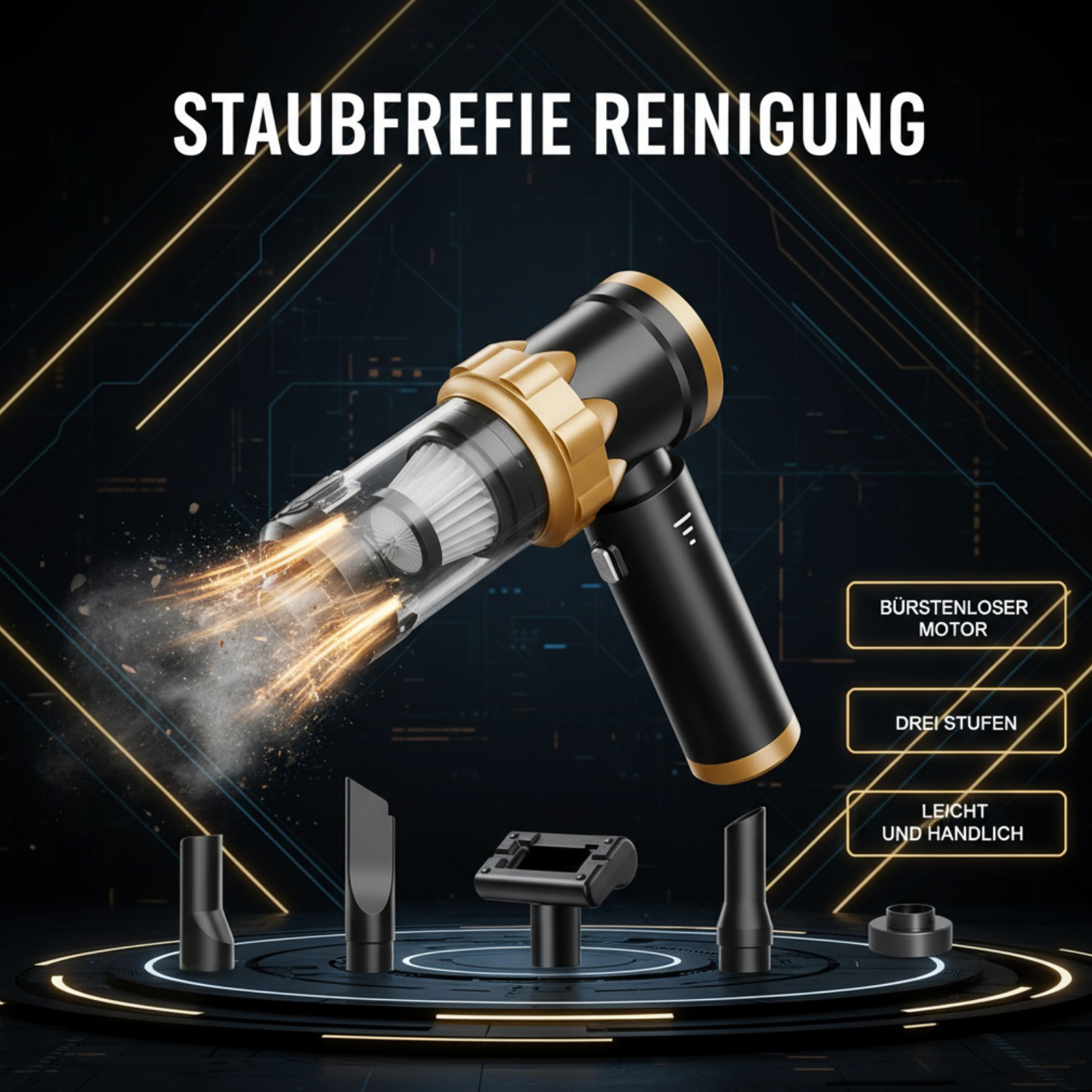 Schwarzer und goldener kabelloser Staubsauger mit Aufsätzen, Funken und Text: Staubfreie Reinigung, Bürstenloser Motor.