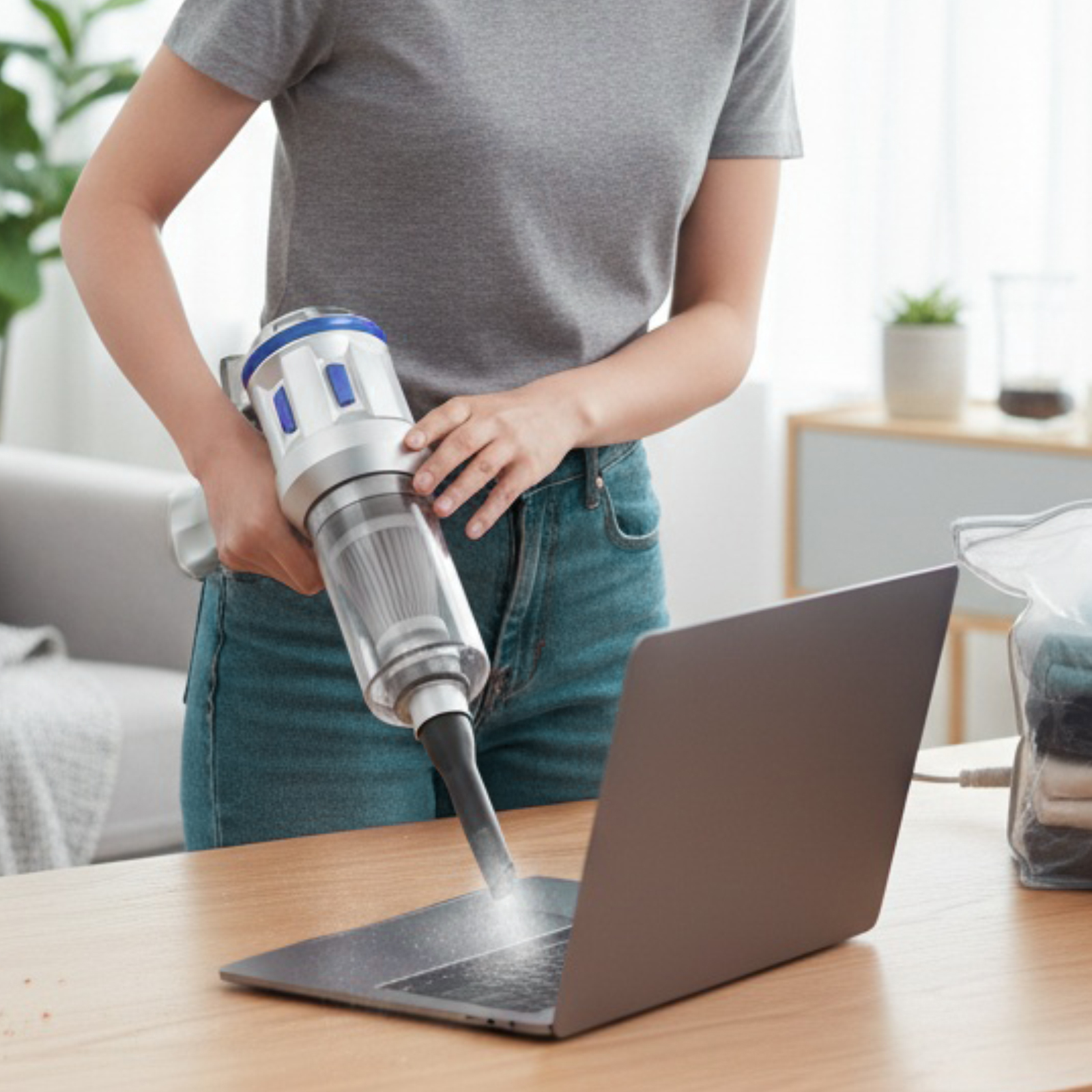 Eine Person saugt die Tastatur eines Laptops mit einem Handstaubsauger. Ein Tisch, Laptop, Kleidung und eine Pflanze sind ebenfalls sichtbar.