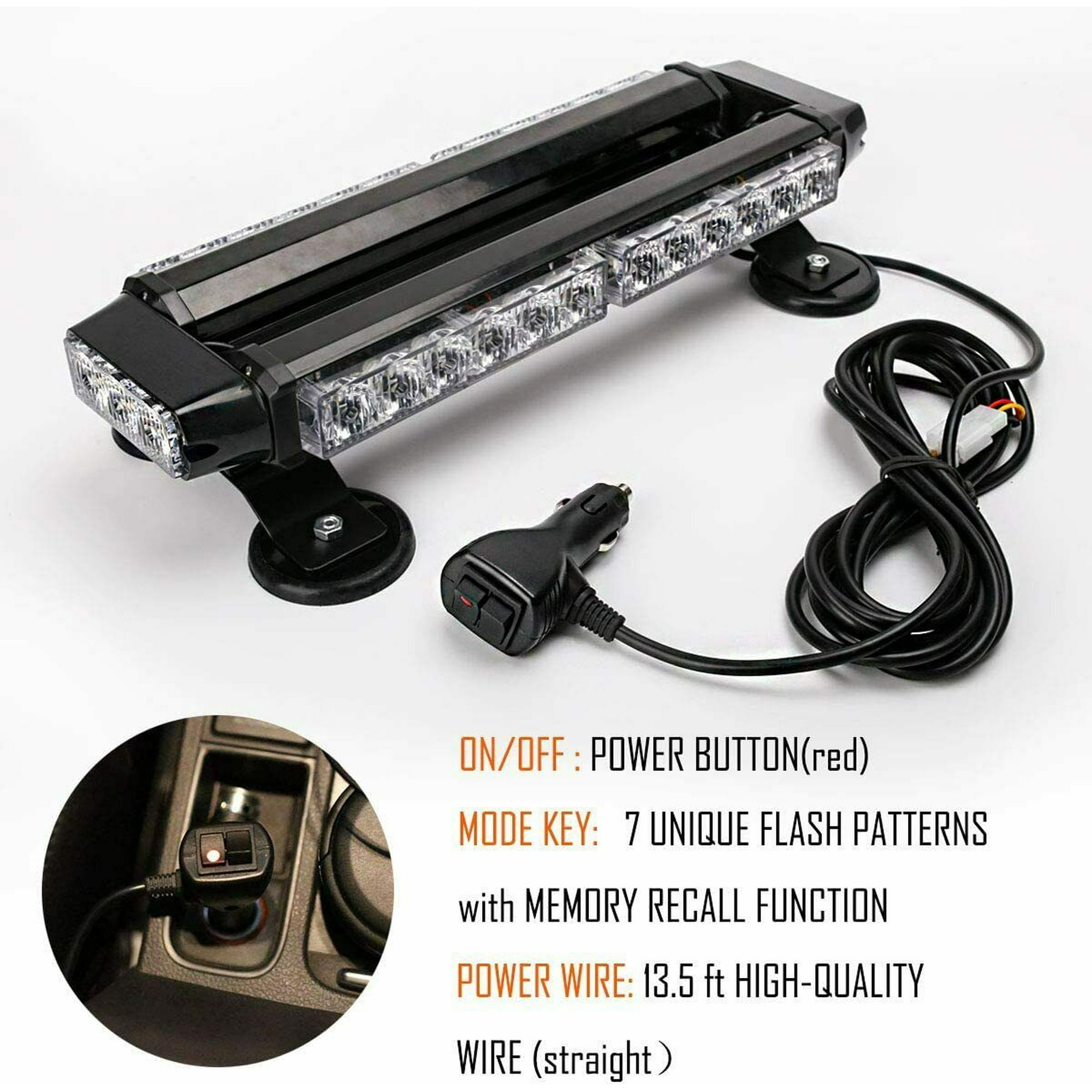 Schwarzer Notlichtbalken mit Netzkabel und Netzadapter. Hat eine Ein/Aus-Taste und 7 Blitzmuster. Enthält eine Innenaufnahme des Autos.