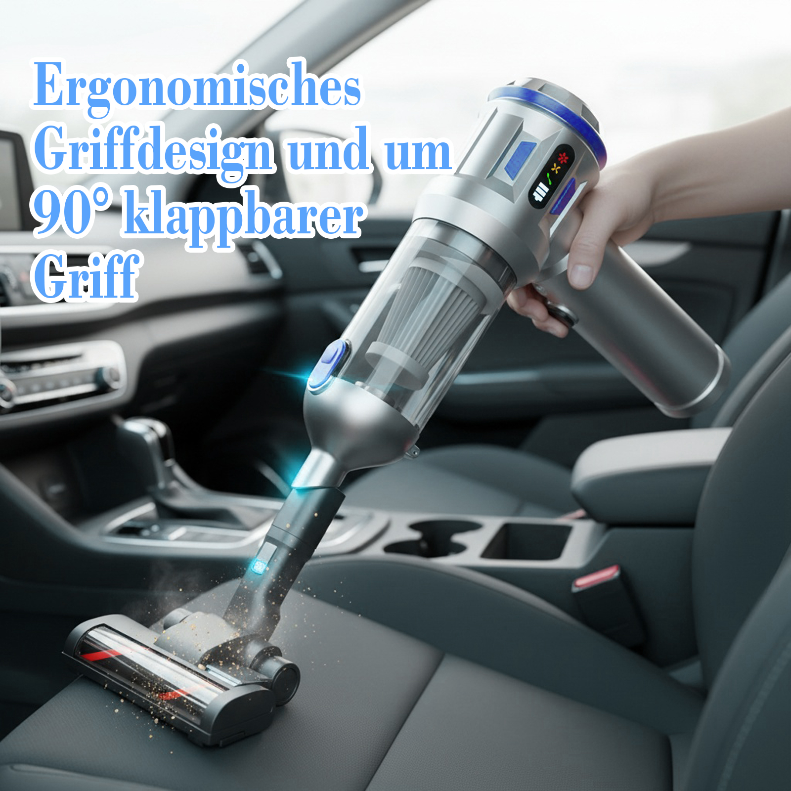 Ein Handstaubsauger reinigt einen Autositz. Das Gerät ist silber und schwarz.