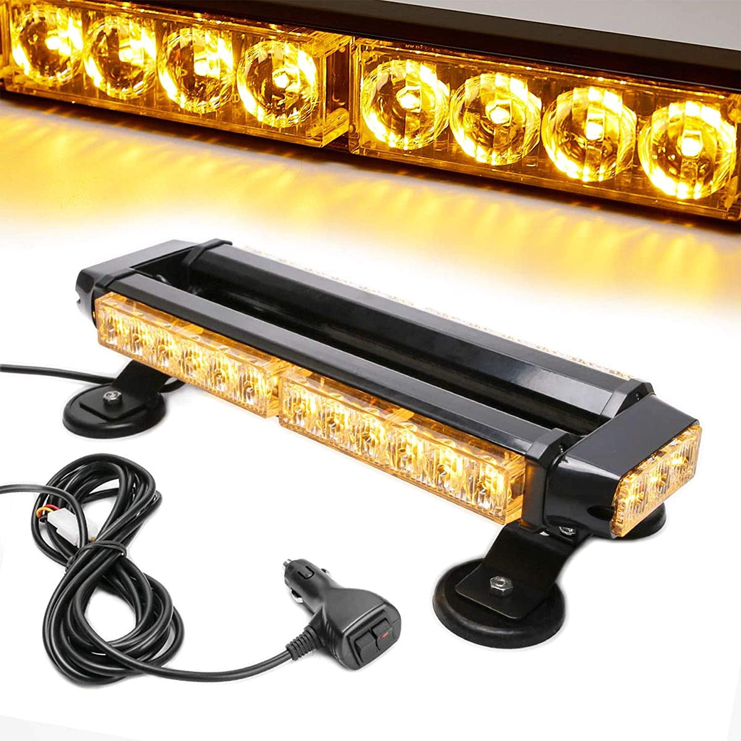 Ein rechteckiger, schwarzer Lichtbalken mit gelben Lichtern. Er hat ein Kabel und ein Autoladegerät. Der Hintergrund ist weiß.