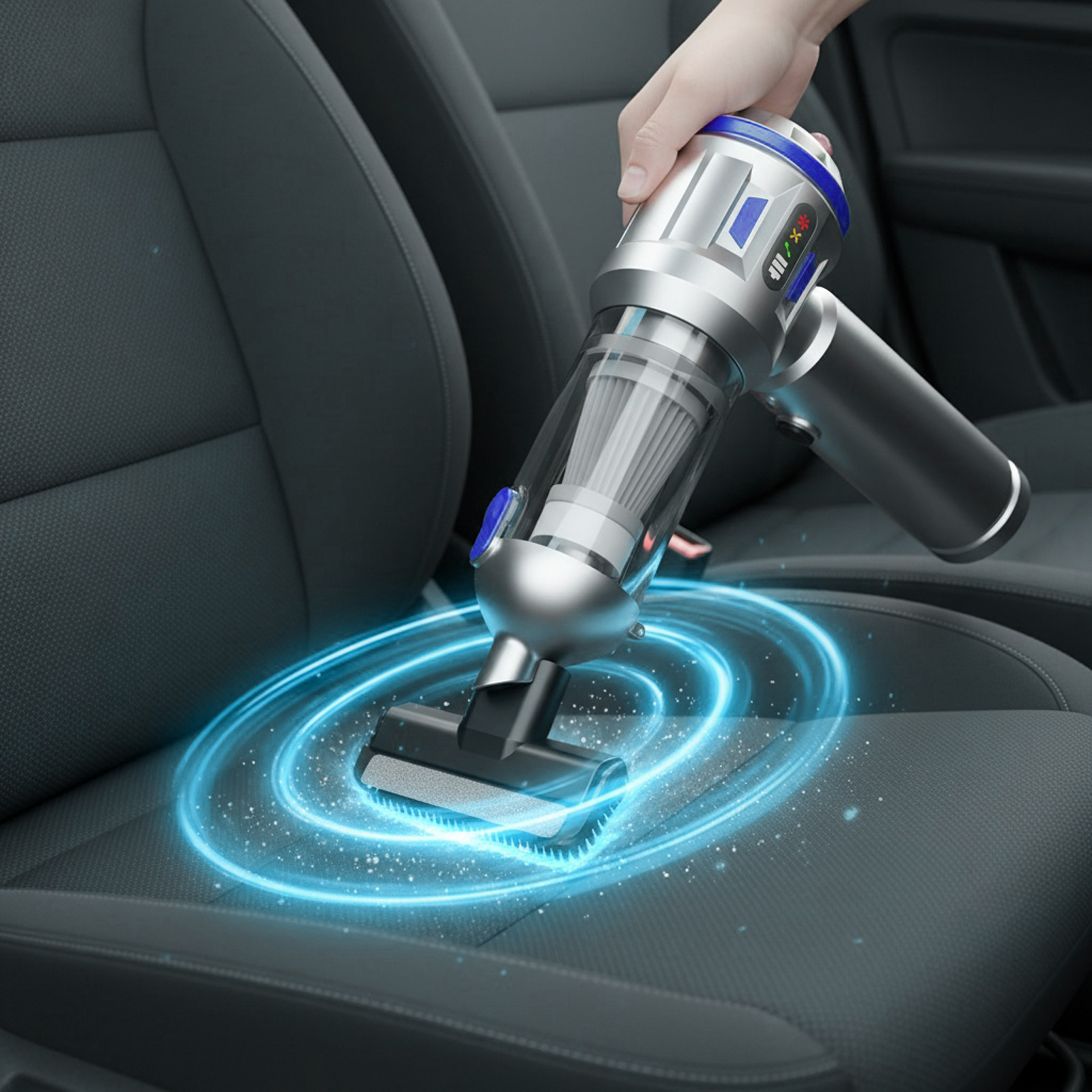 Eine Hand hält einen silbernen Staubsauger über einem Autositz, mit blauen Energieringen um den Saugkopf.