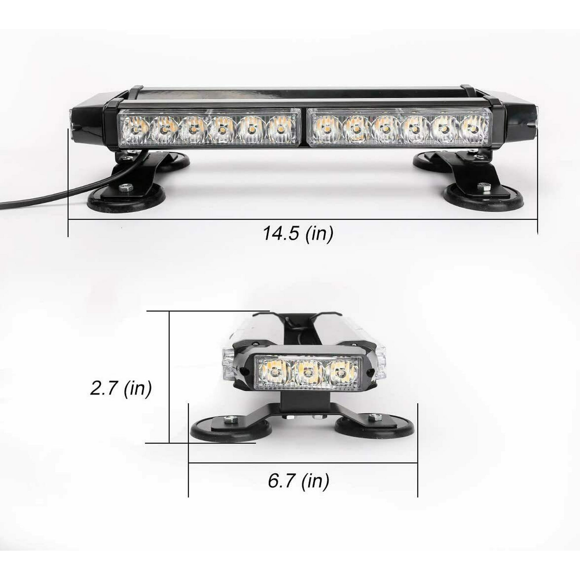 Ein schwarzer LED-Lichtbalken mit Abmessungen, mit mehreren Lichtern, montiert auf einer weißen Oberfläche.