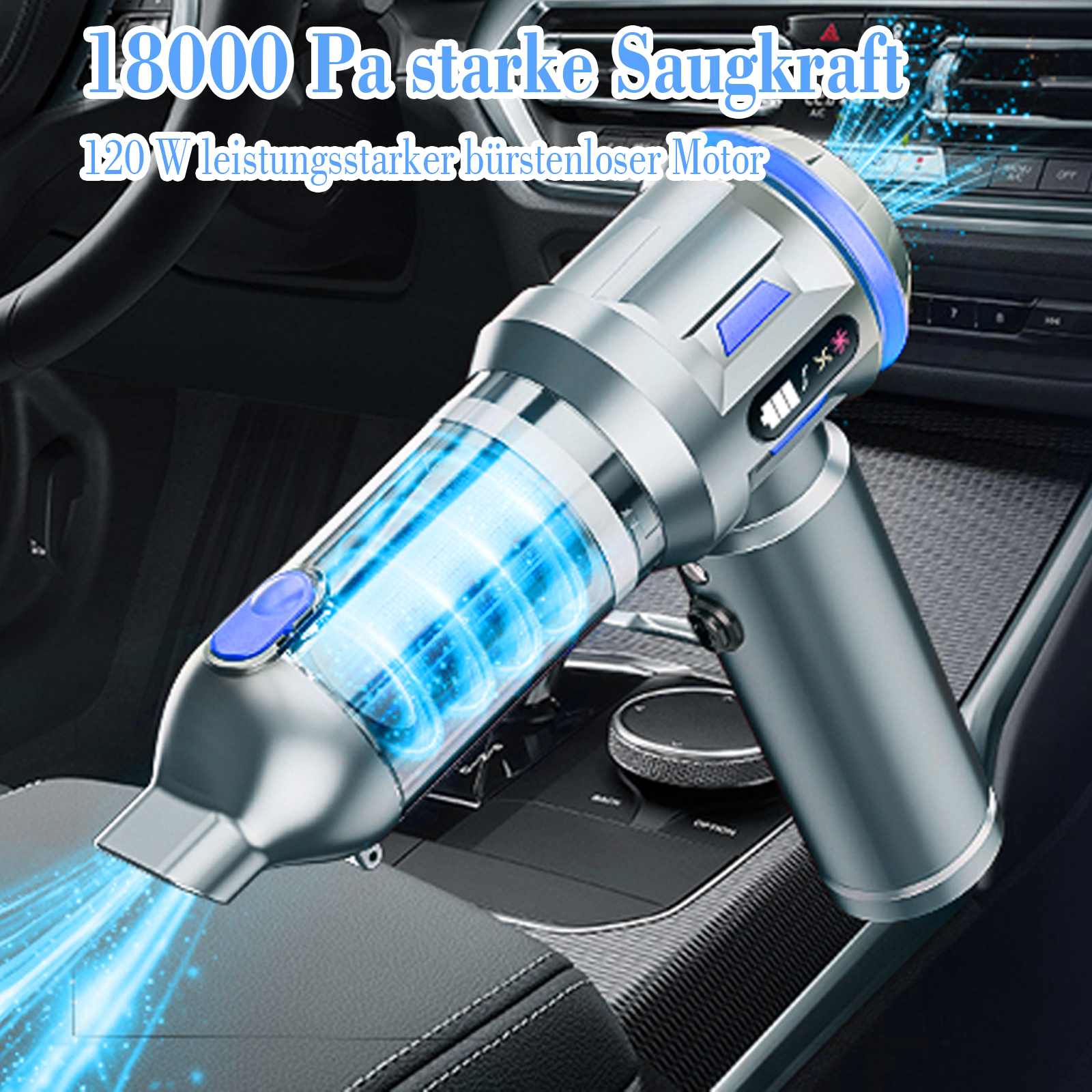 Ein tragbarer Staubsauger in einem Auto. Er ist silber und blau. Oben steht 18000 Pa starke Saugkraft.