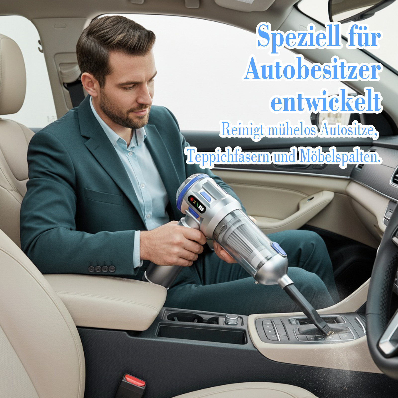 Ein Mann im Anzug saugt die Mittelkonsole eines Autos mit einem Handstaubsauger. Deutscher Text wirbt für das Produkt.