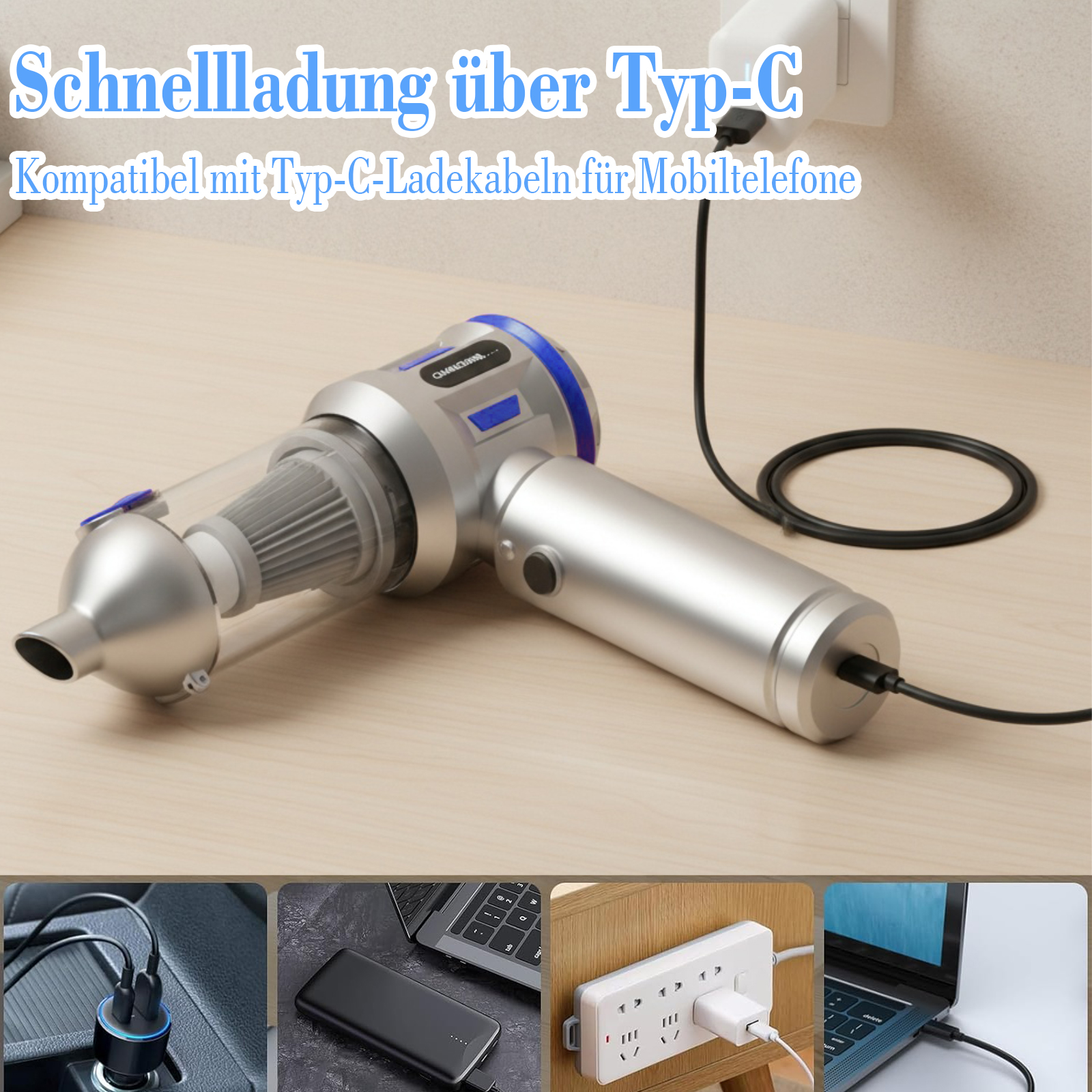 Ein silberner und blauer kabelloser Staubsauger mit einem Ladekabel, das an eine Steckdose angeschlossen ist. Zusätzliche Ladeoptionen sind gezeigt.