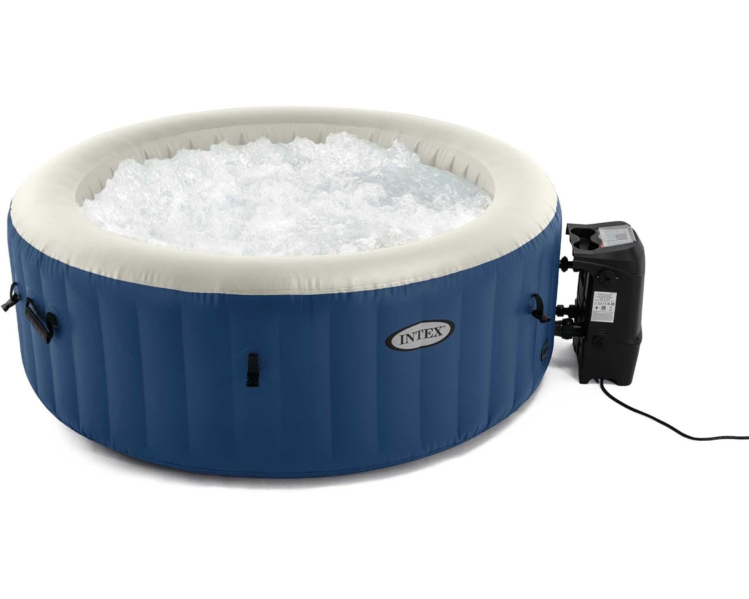 Ein runder, aufblasbarer, blauer Whirlpool mit weißem Rand ist mit sprudelndem Wasser gefüllt. Ein schwarzer Heizkörper ist seitlich angebracht.