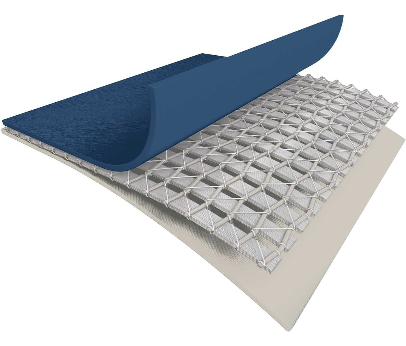 Querschnittsillustration mit Schichten. Oben blau, Mitte ein Gitter, unten beige. Die blaue Schicht ist teilweise angehoben.