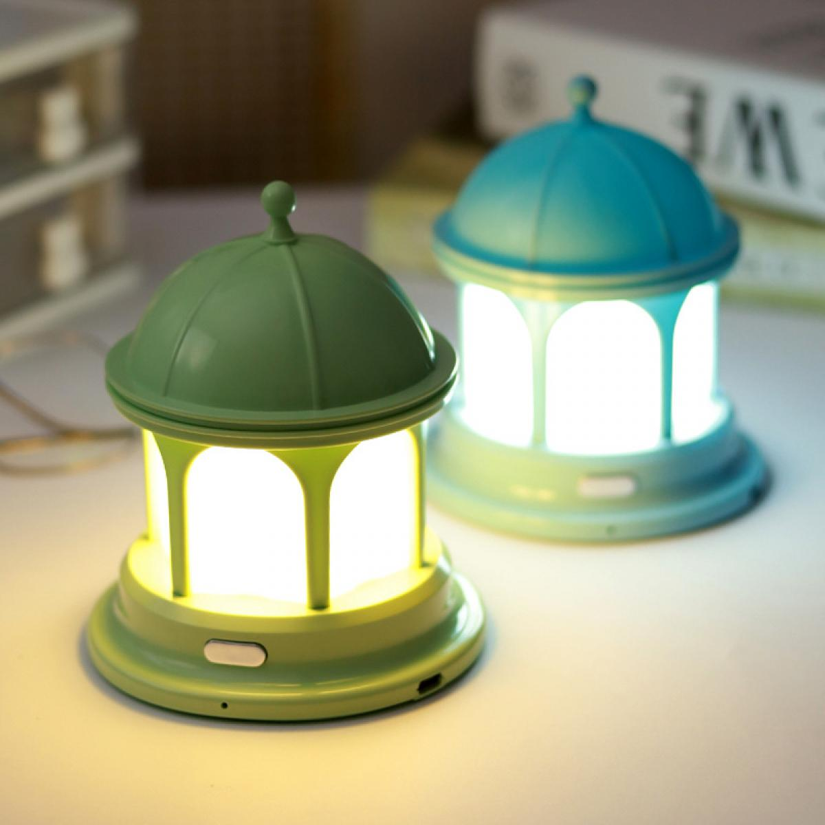 Zwei kuppelförmige Lampen, eine grüne und eine türkis, auf einer weißen Oberfläche. Beide leuchten, mit einem Knopf.