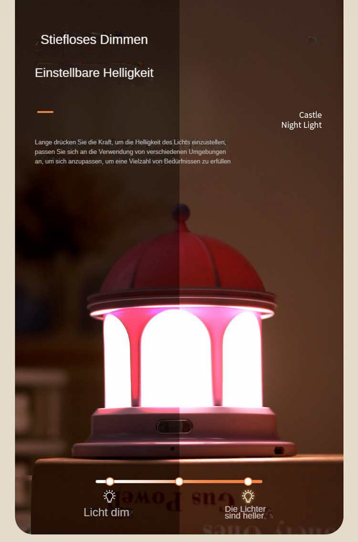 Ein Nachtlicht mit einstellbarer Helligkeit wird gezeigt. Das Licht ist oben rot und in der Mitte weiß. Der Text lautet 'Castle Night Light'.