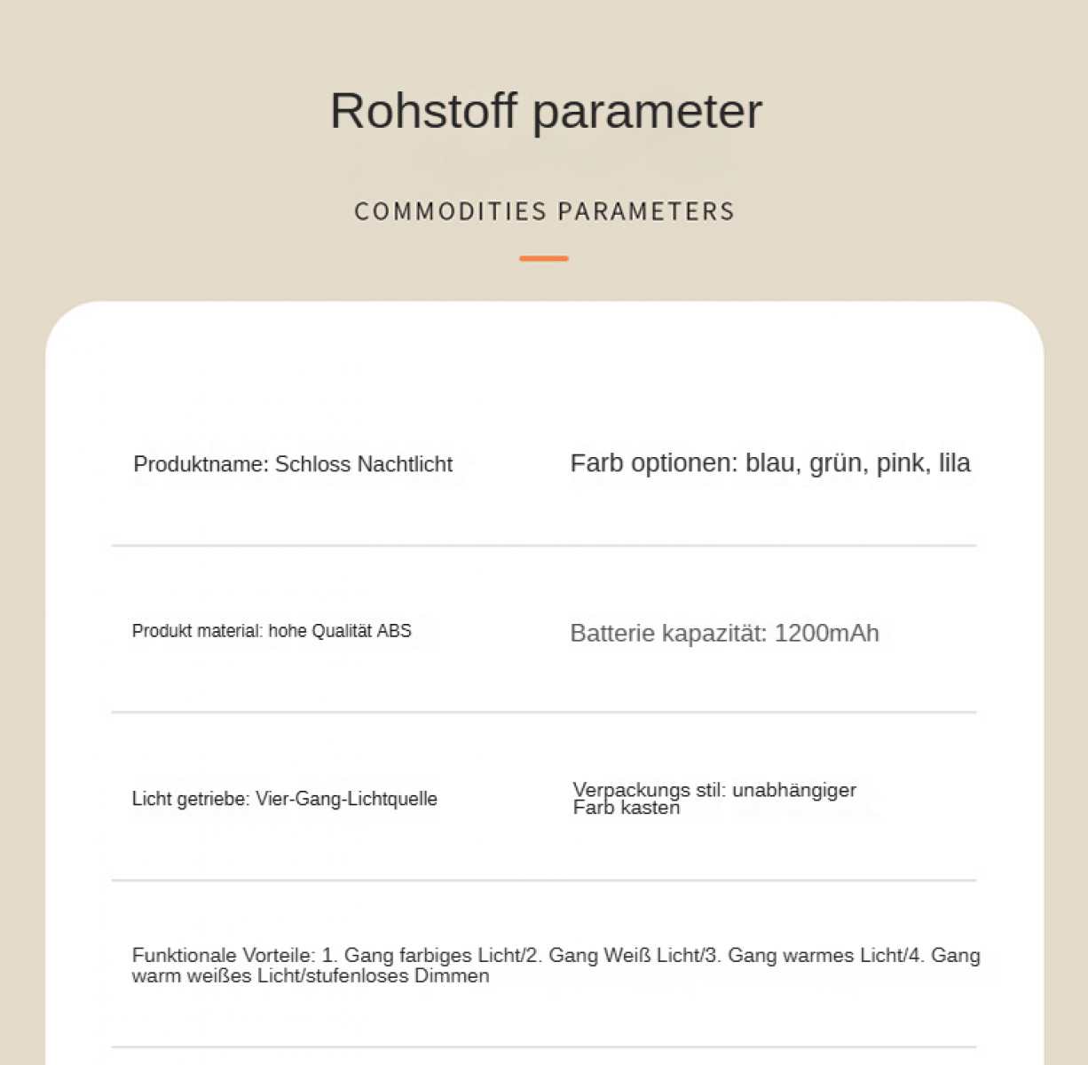 Text in Deutsch über Produktparameter, einschließlich Produktname, Farboptionen, Material, Batteriekapazität und Lichteinstellungen.