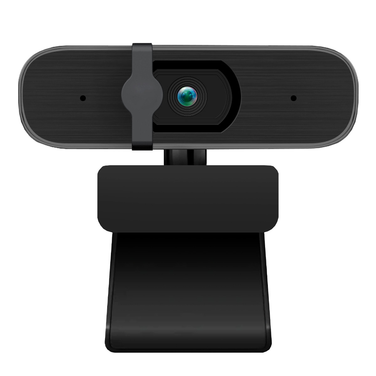 Una webcam nera con obiettivo, microfono e supporto regolabile. Lo sfondo è bianco.