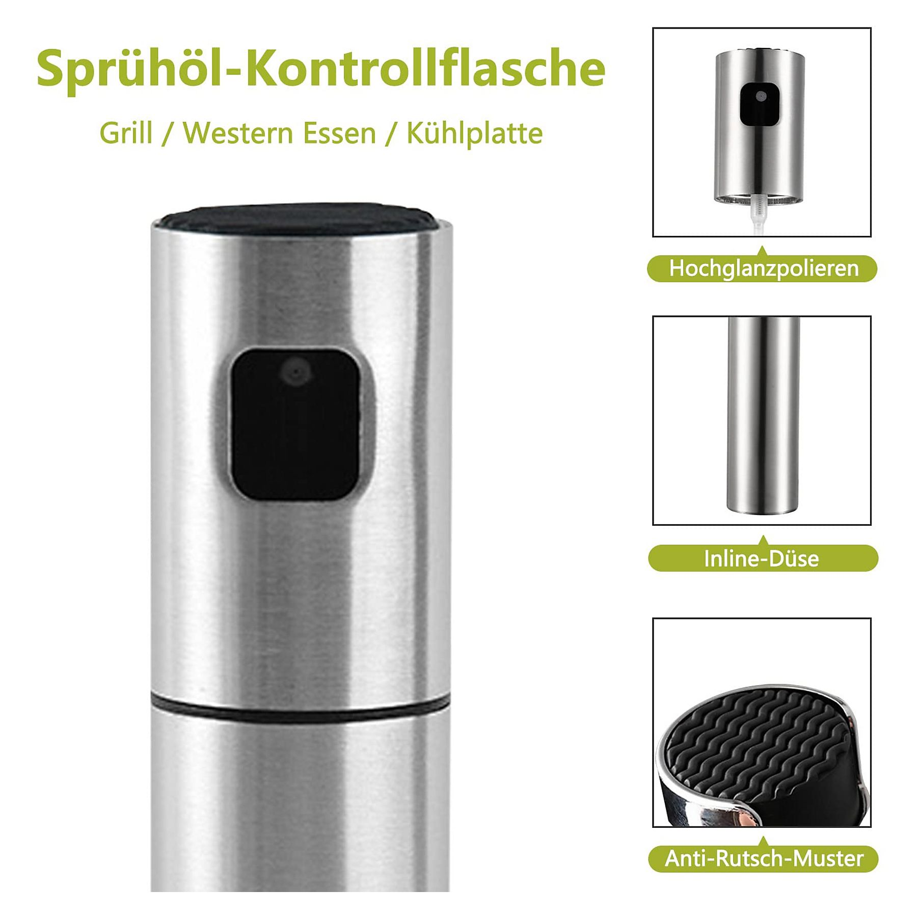 Ein Edelstahl-Ölsprüher mit Etiketten: Hochglanzpolieren, Inline-Düse, Anti-Rutsch-Muster.