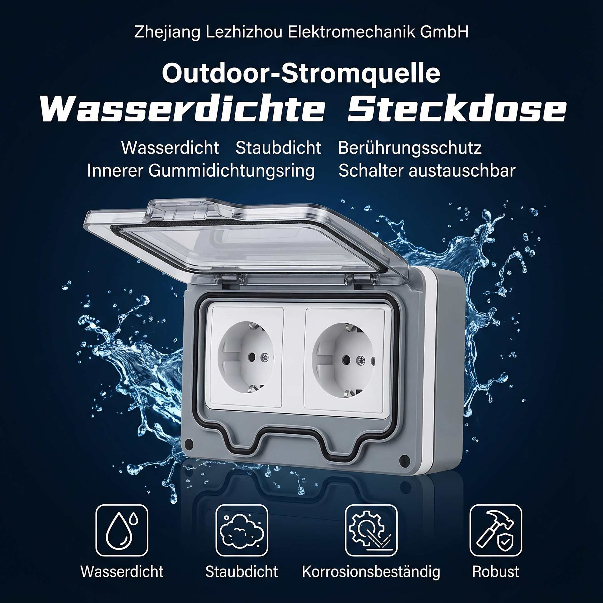 Wasserdichte Steckdose im Freien mit geöffnetem Deckel, zwei Steckdosen und Wasserspritzereffekt auf dunklem Hintergrund.