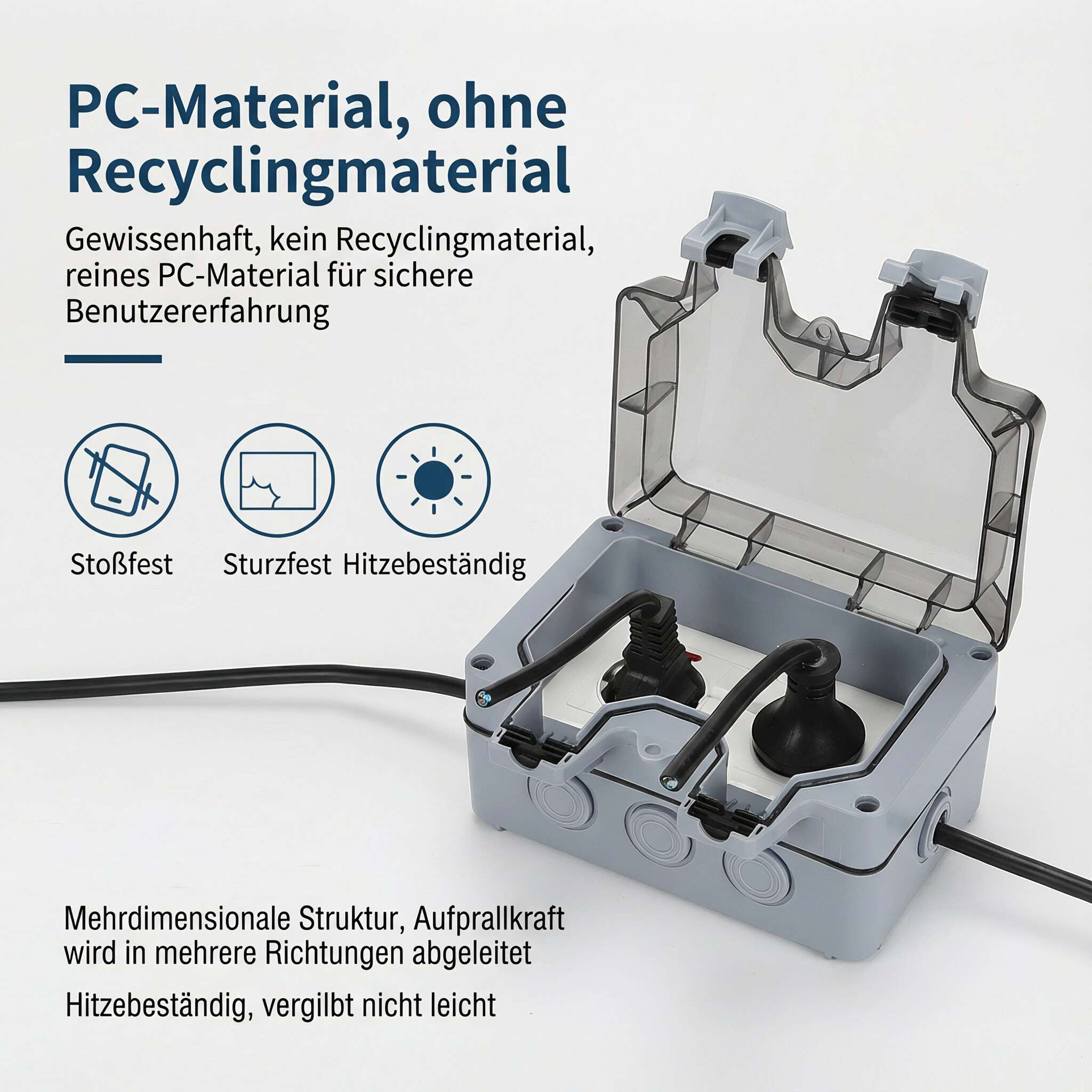 Graue Steckdosenbox mit zwei schwarzen Steckern. Die Box hat einen transparenten Deckel und schwarze Kabel.