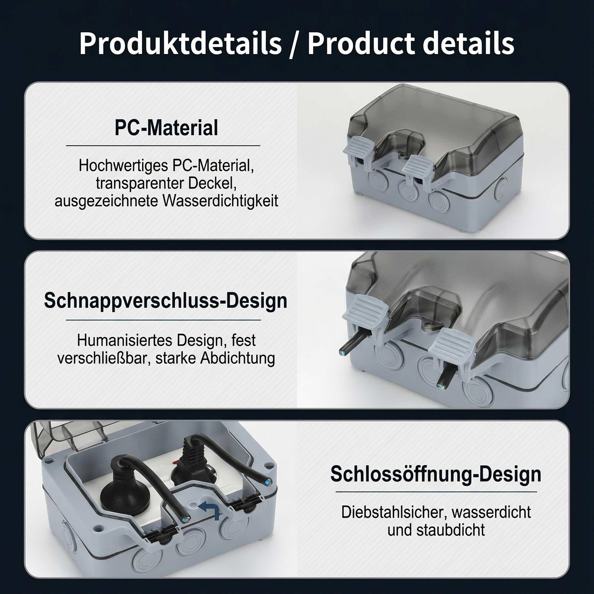 Produktdetails: PC-Material, Schnappverschluss-Design und Schlossöffnungs-Design. Boxen mit Drähten und weißem Hintergrund.