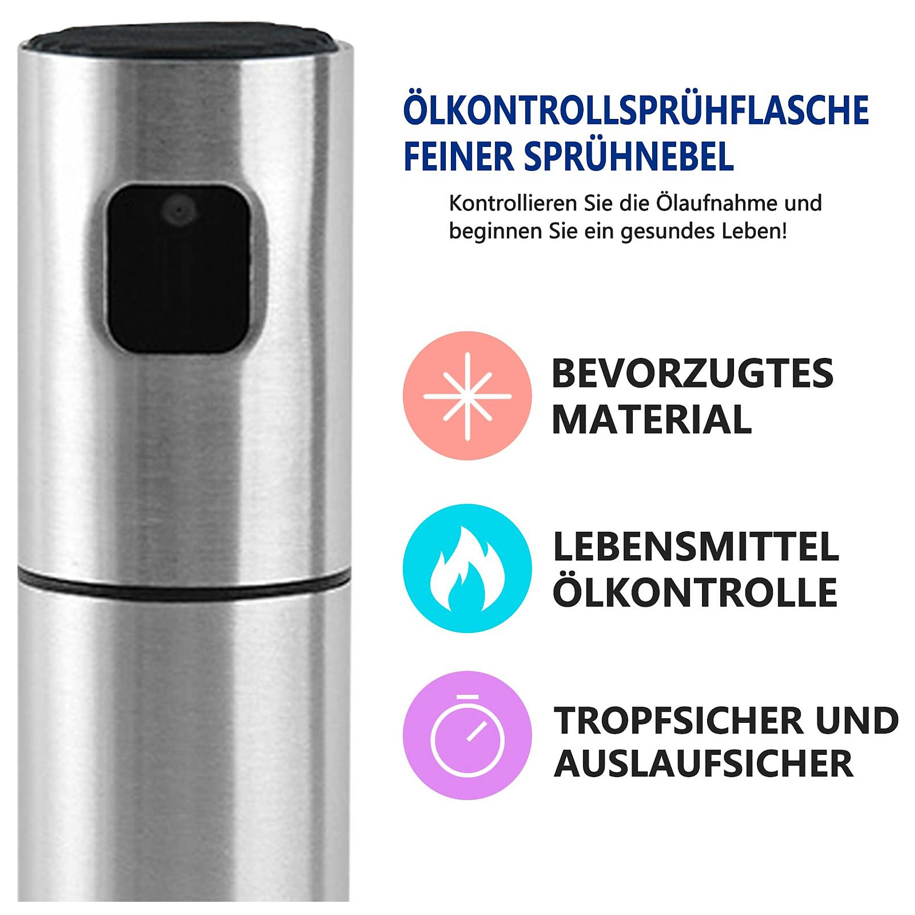 Eine Edelstahl-Ölsprühflasche mit Text über Ölkontrolle, Material, Lebensmittelsicherheit und tropfsicheres Design.