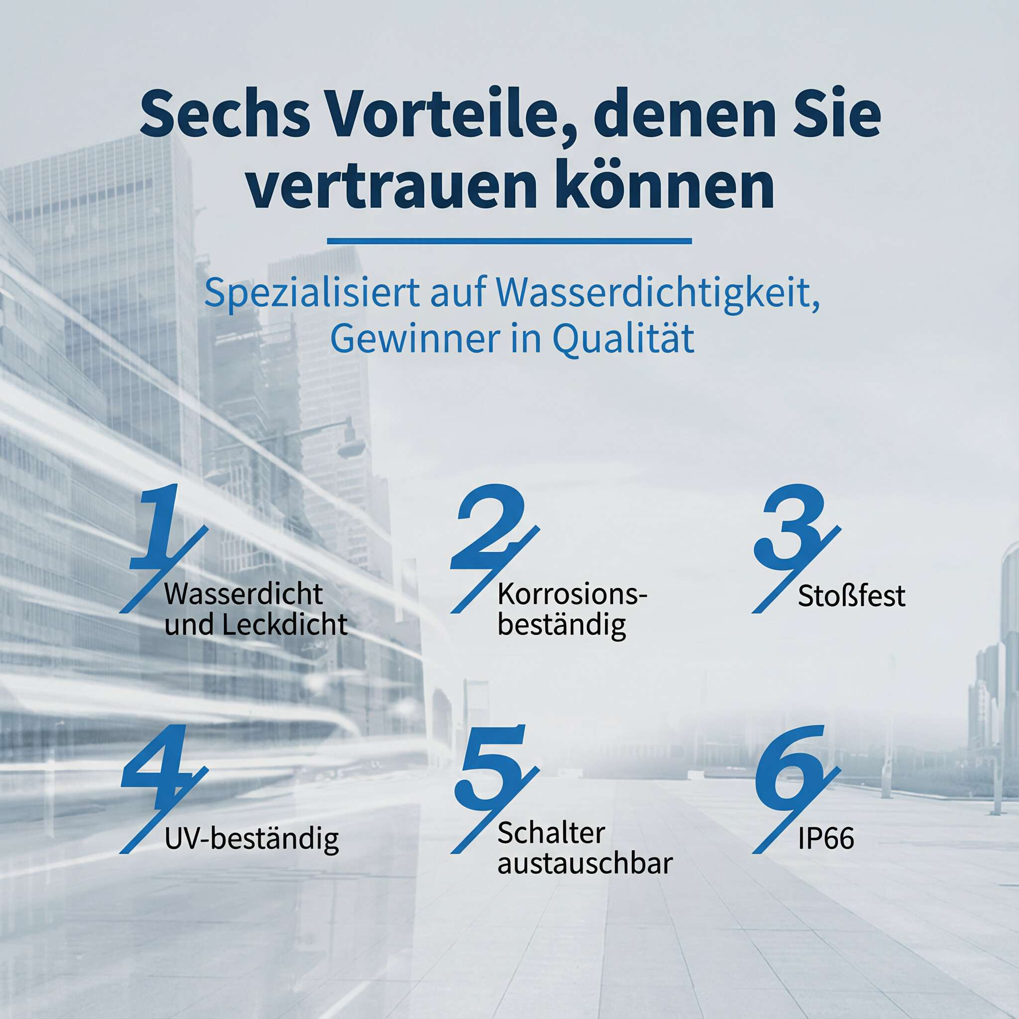 Bild mit deutschem Text. Sechs Vorteile werden hervorgehoben, darunter wasserdicht, korrosionsbeständig und stoßfest.