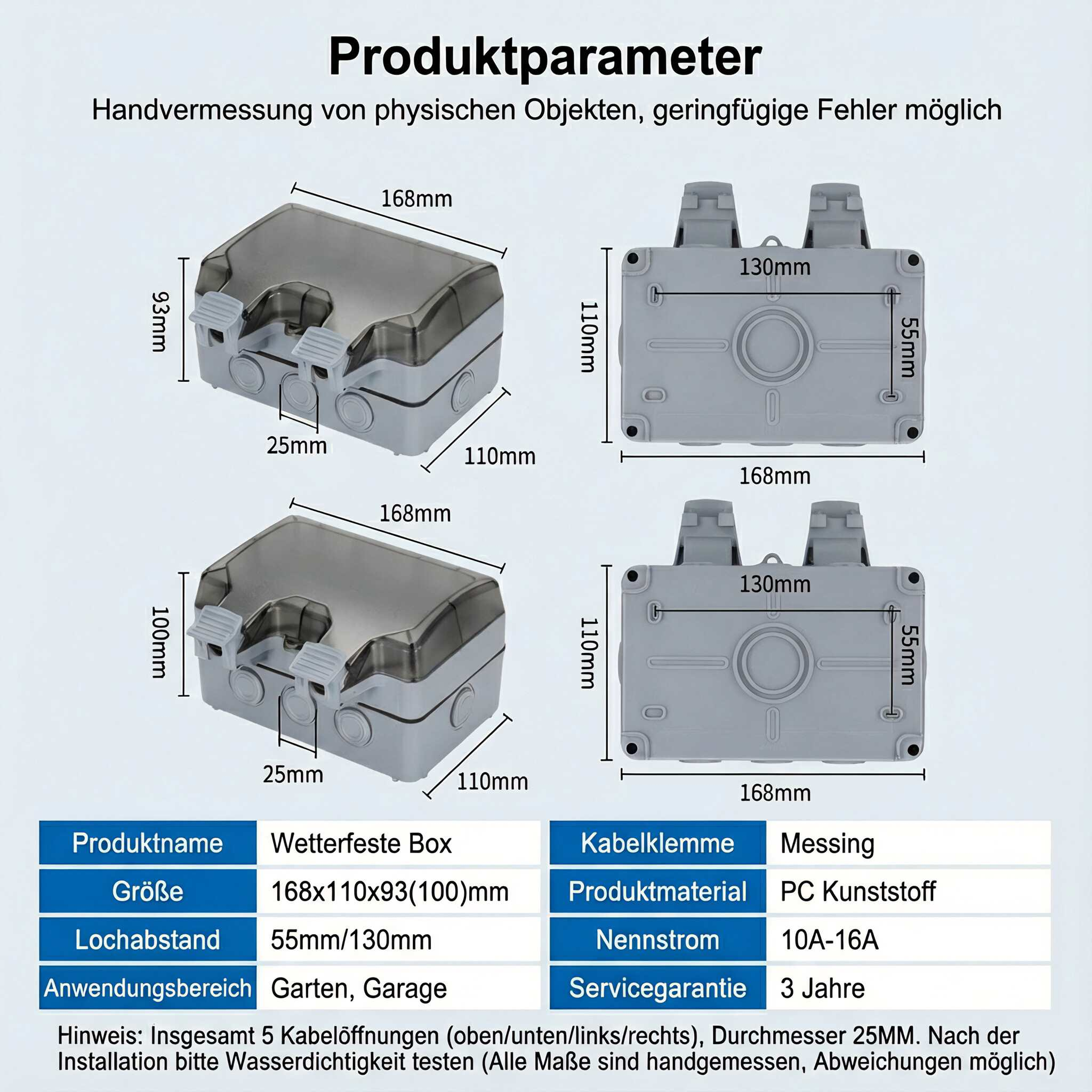 Diagramm von elektrischen Anschlussdosen mit Abmessungen und Spezifikationen auf Deutsch.