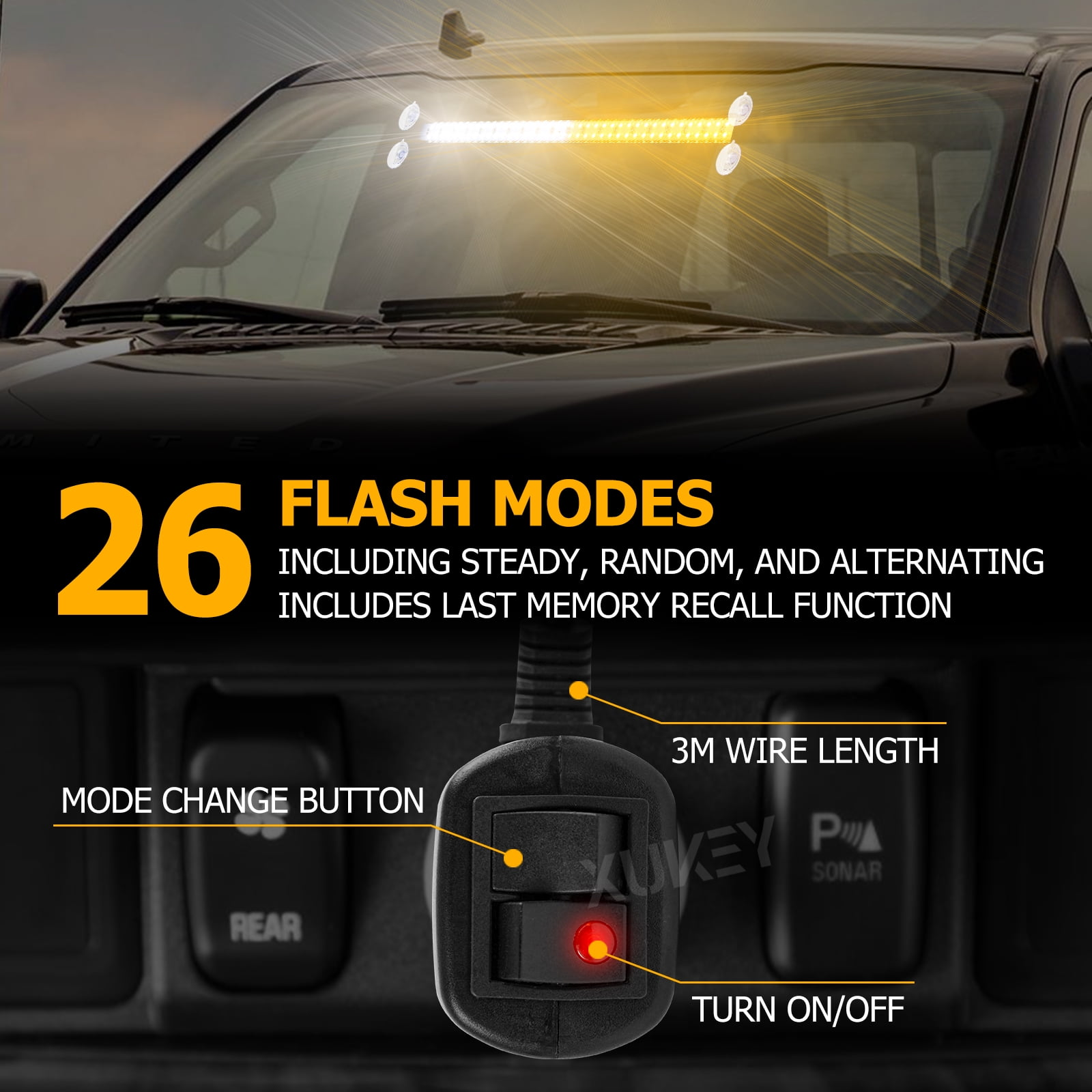 Ein Fahrzeug mit Lichtbalken. Text lautet '26 Blitzmodi' und enthält Steuertasten mit Beschriftungen.