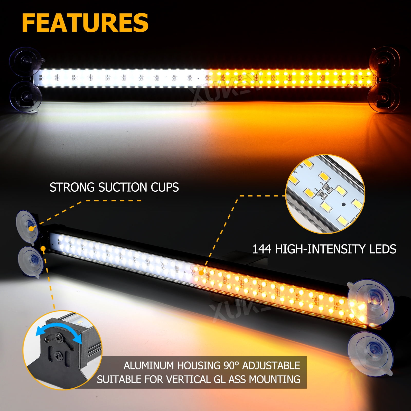Eine LED-Lichtleiste für Autos mit weißen und bernsteinfarbenen Lichtern, Saugnäpfen und einem verstellbaren Aluminiumgehäuse.