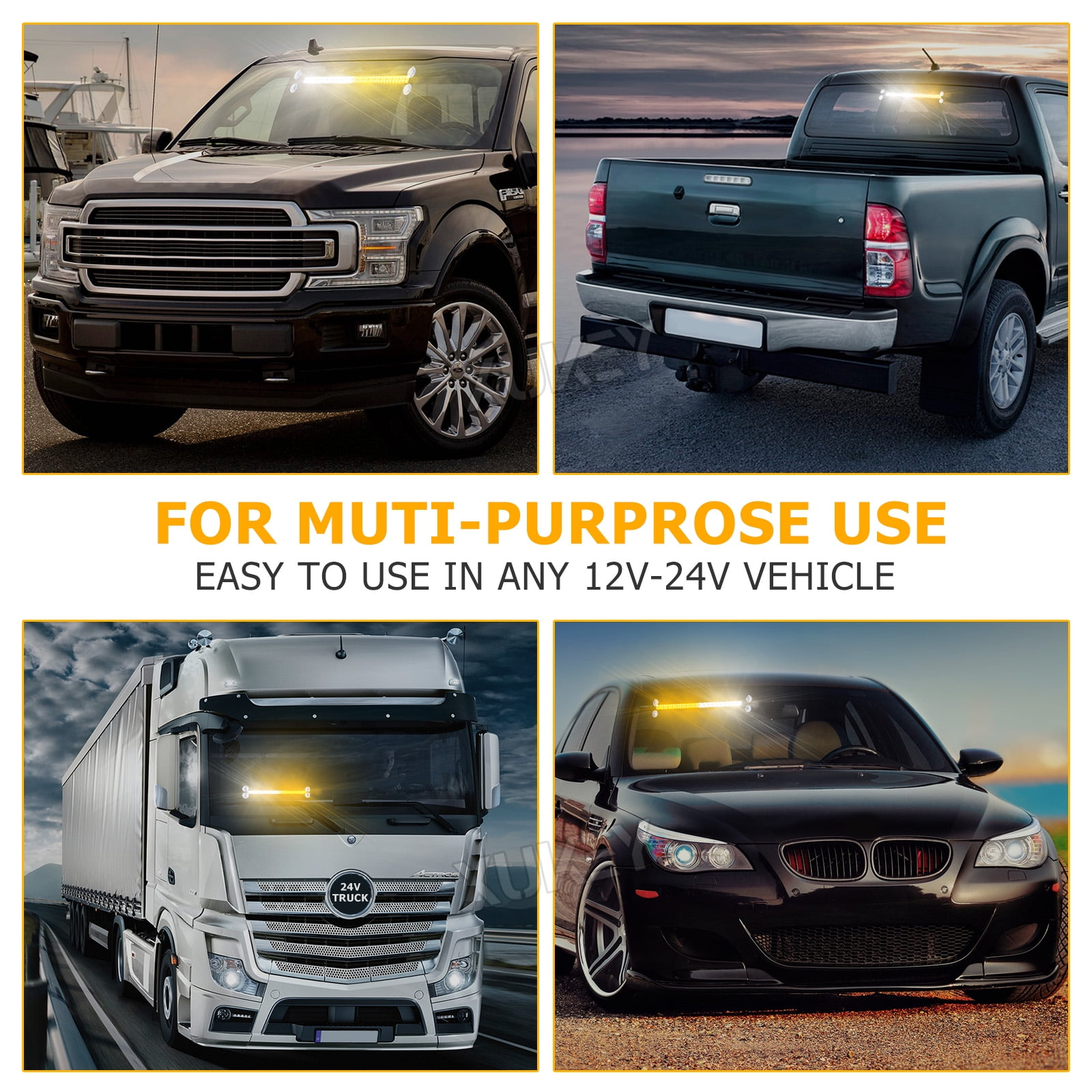 Das Bild zeigt vier Fahrzeuge, jedes mit einem gelben Lichtbalken. Der Text lautet 'FOR MULTI-PURPOSE USE' und 'EASY TO USE IN ANY 12V-24V VEHICLE'.