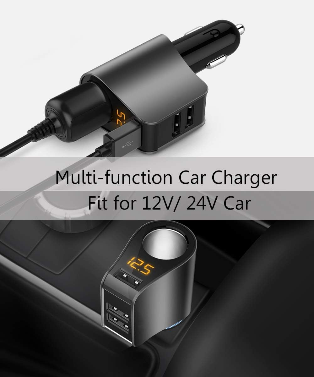 Ein multifunktionales Autoladegerät mit Digitalanzeigen, die die Spannung anzeigen. Es ist schwarz und hat mehrere USB-Anschlüsse.