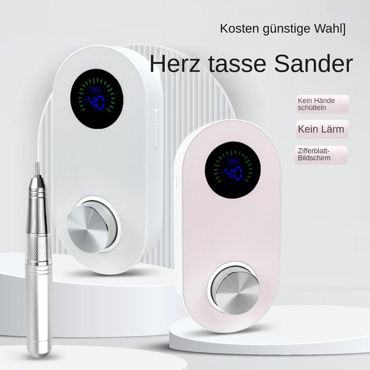 Das Bild zeigt zwei weiße und rosa Nagelschleifer mit Digitalanzeigen, einen Metallbohrer und deutschen Text.