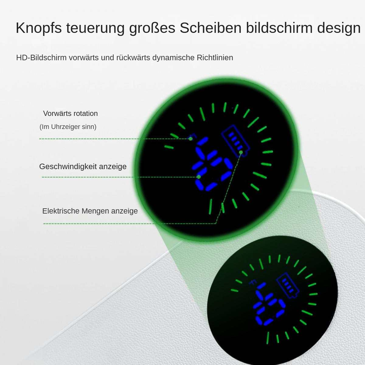 Nahaufnahme von zwei digitalen Displays mit Zahlen, umgeben von grünen Lichtern. Deutsche Textbezeichnungen beschreiben Funktionen.