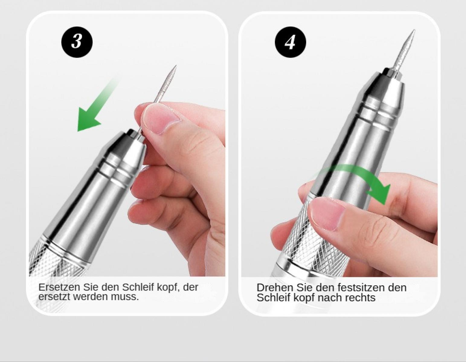 Das Bild zeigt Werkzeugmontageschritte. Hände zeigen das Ersetzen und Drehen des Schleifkopfs. Anweisungen sind auf Deutsch.