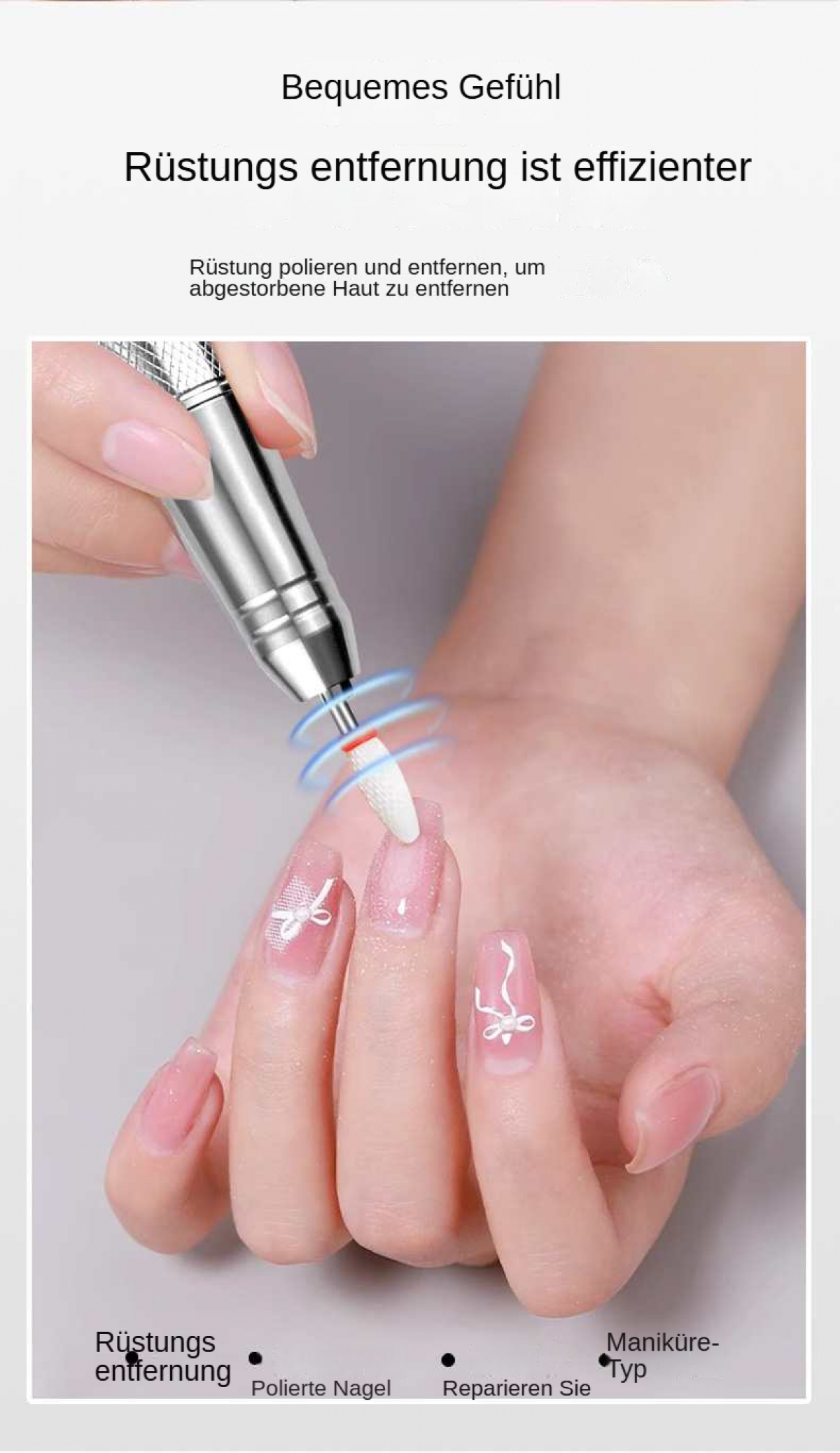Eine Hand benutzt einen Nagelbohrer auf einer manikürten Hand mit Nagelkunst. Text auf Deutsch gibt Kontext zur Nagelpflege.