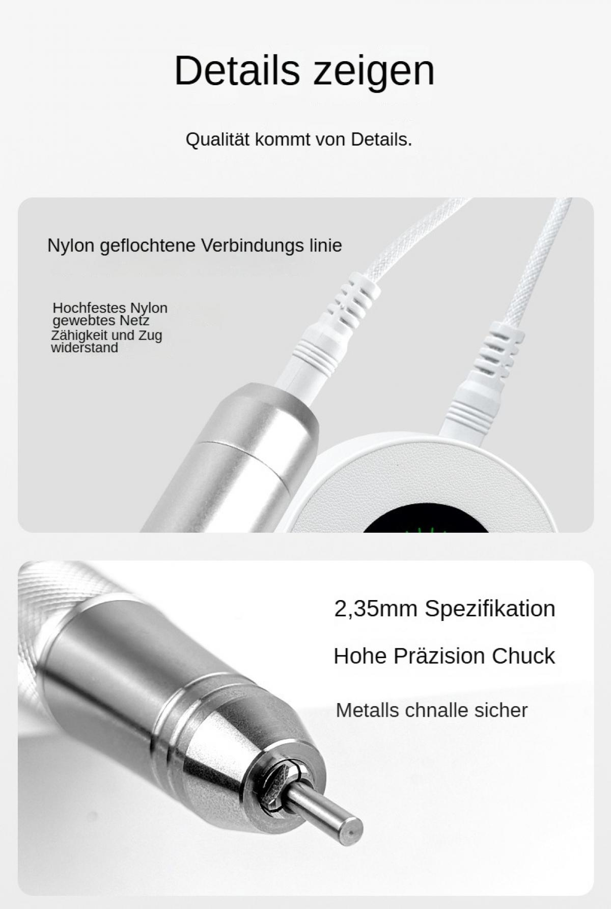 Das Bild zeigt Nahaufnahmen von weißen Kabeln, einem Metallbauteil und Text auf Deutsch, der Produktmerkmale beschreibt.