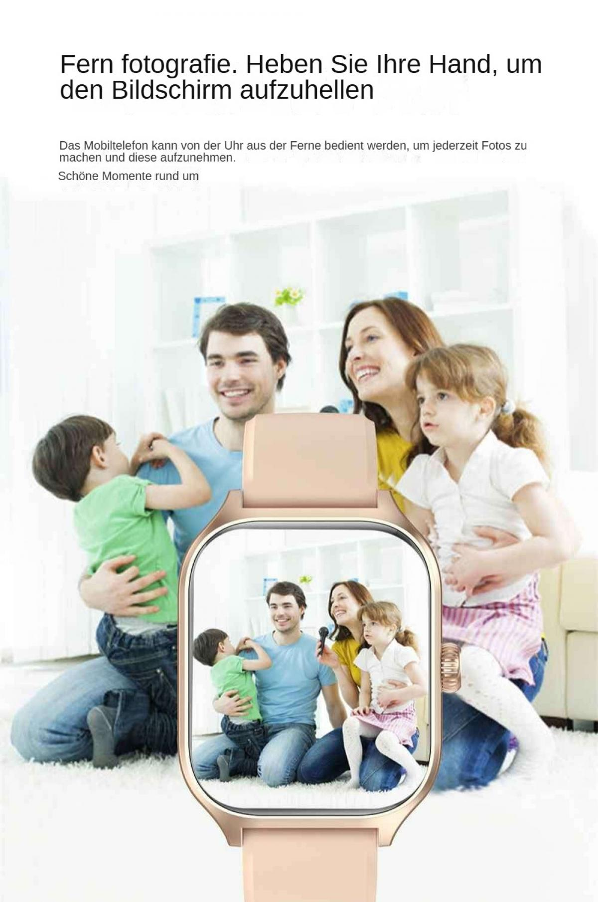 Eine vierköpfige Familie posiert. Eine Smartwatch zeigt eine Familie. Die Uhr wird von der Familie gehalten. Sie sind auf einem Teppich.