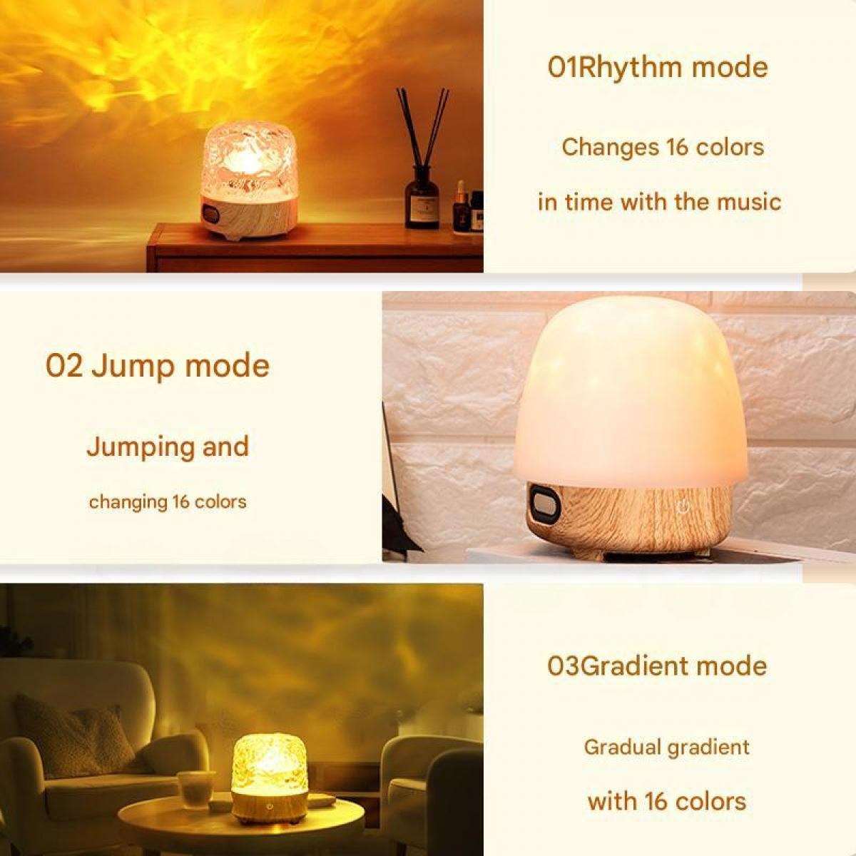 Eine Lampe mit Holzsockel hat drei Modi: Rhythmus-, Sprung- und Farbverlaufsmodus. Sie wechselt 16 Farben.