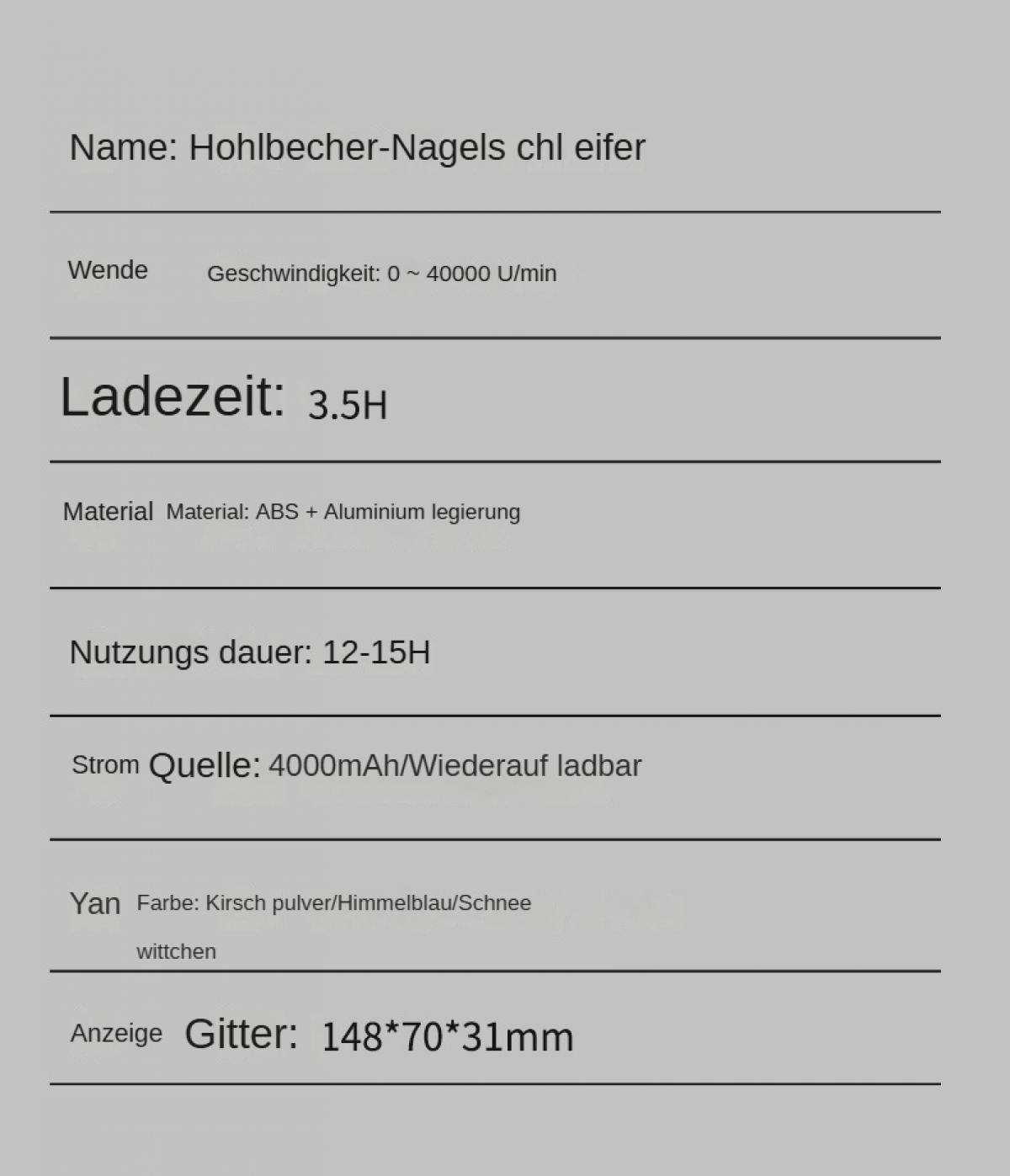 Bild mit deutschem Text. Enthält Produktname, Geschwindigkeit, Ladezeit, Material, Nutzungsdauer, Stromquelle, Farben und Display-Abmessungen.