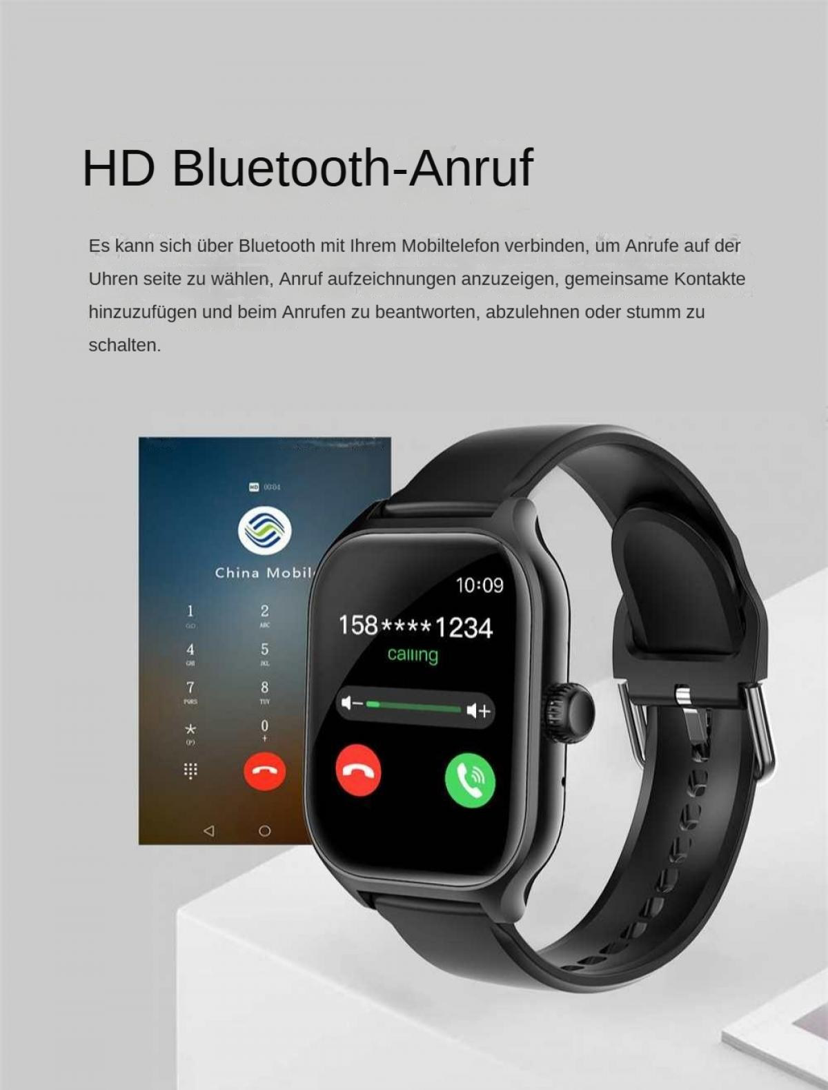 Eine Smartwatch zeigt eine Anrufschnittstelle mit Nummer und Anruftasten. Auch ein Telefonbildschirm ist sichtbar.