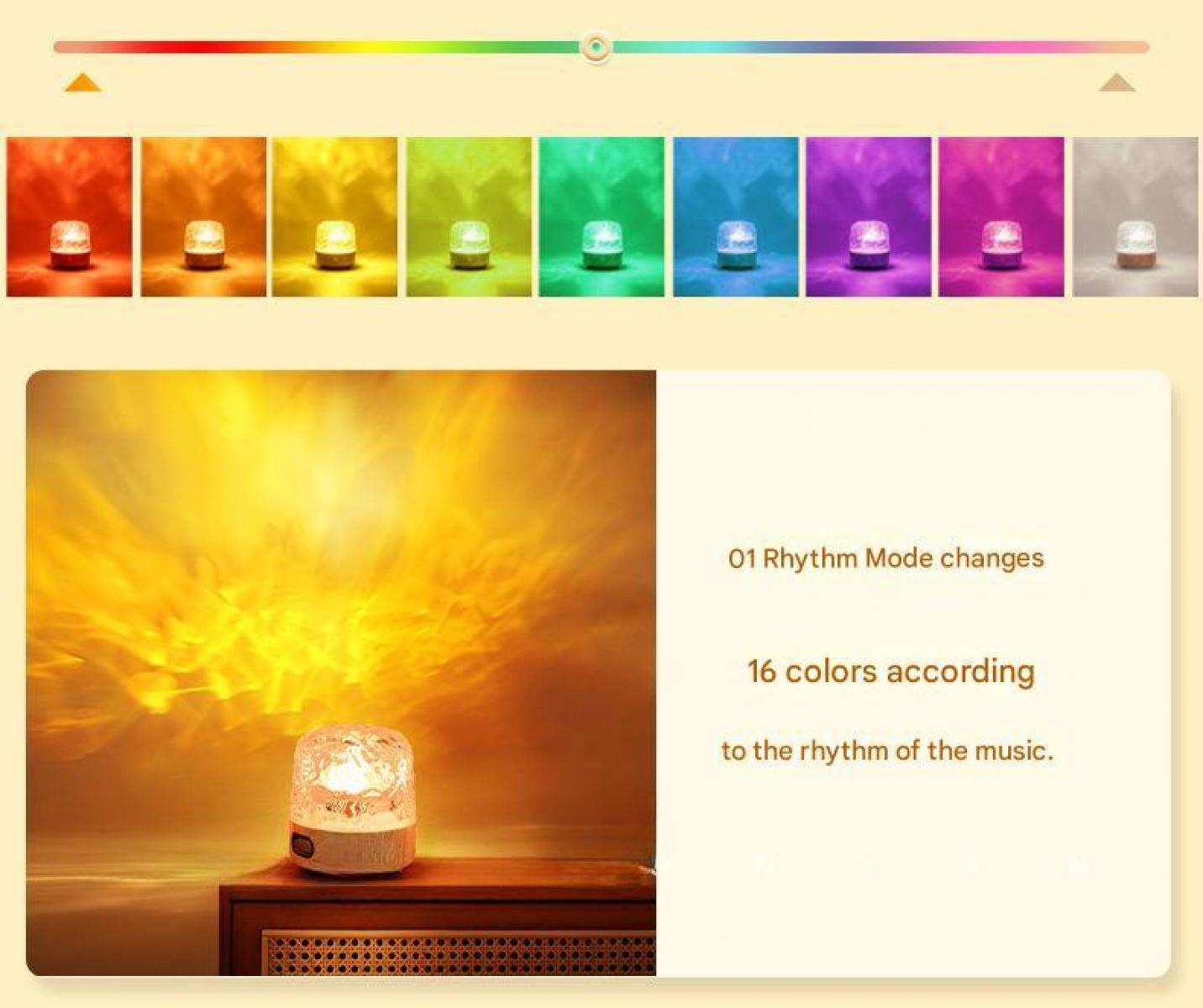 Eine Lampe projiziert farbiges Licht an eine Wand. Sie hat verschiedene Farbmodi und ändert sich mit dem Rhythmus der Musik. 16 Farben verfügbar.