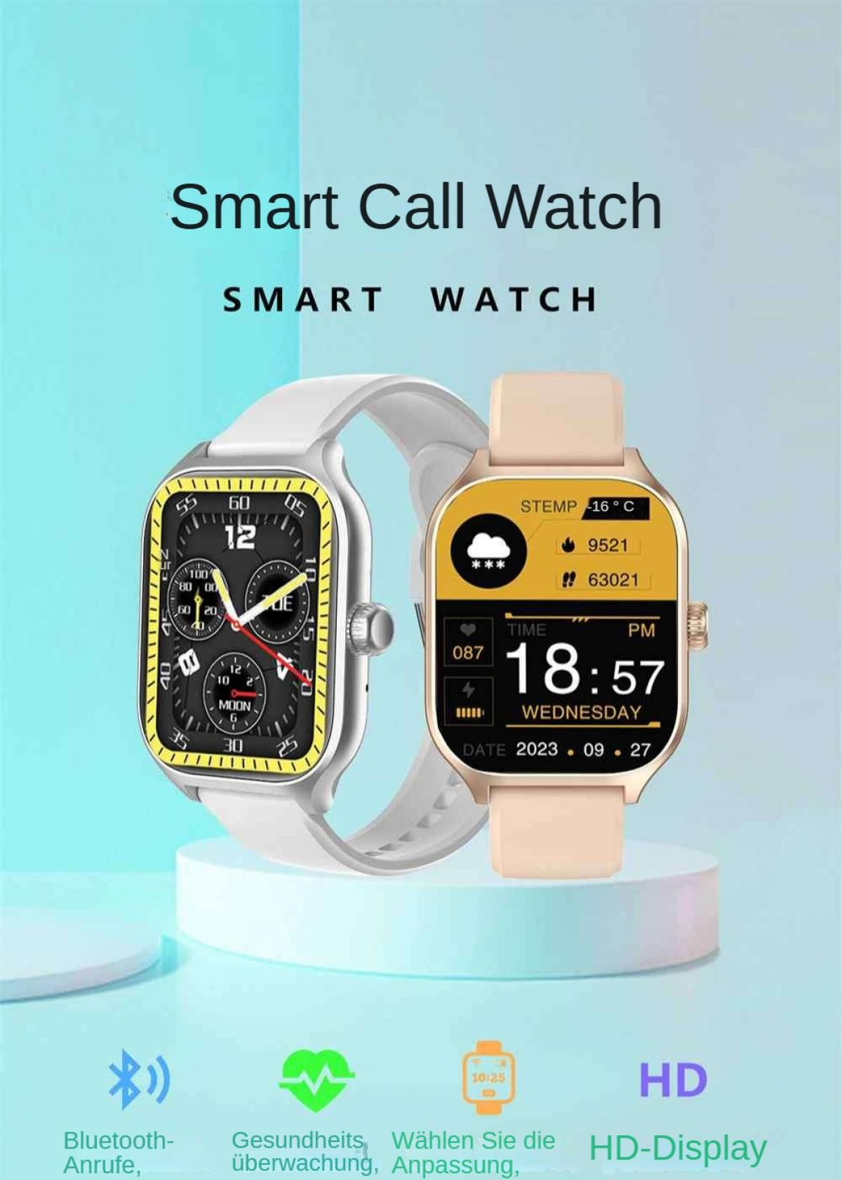 Zwei Smartwatches auf einem Ständer. Eine weiß, eine gold, zeigen Zeit und Daten. Text: 'Smart Call Watch'.