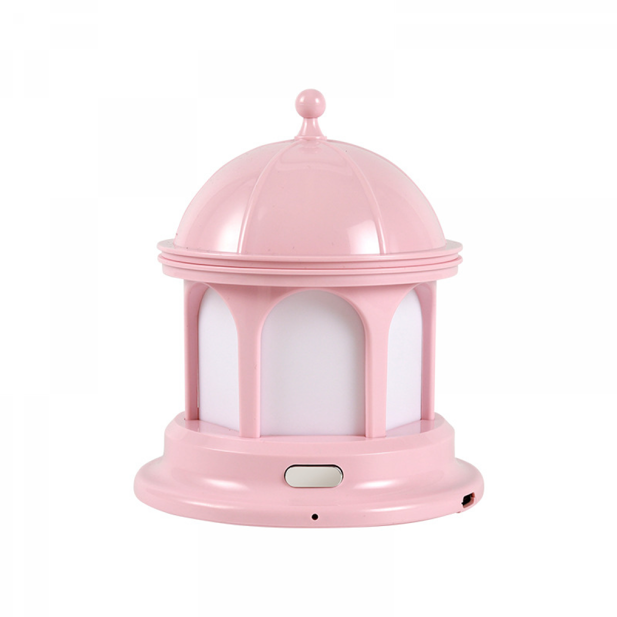 Eine rosa, kuppelförmige Lampe mit weißem Innenraum. Sie hat ein Bogenförmiges Design und einen Knopf auf der Basis, vor weißem Hintergrund.