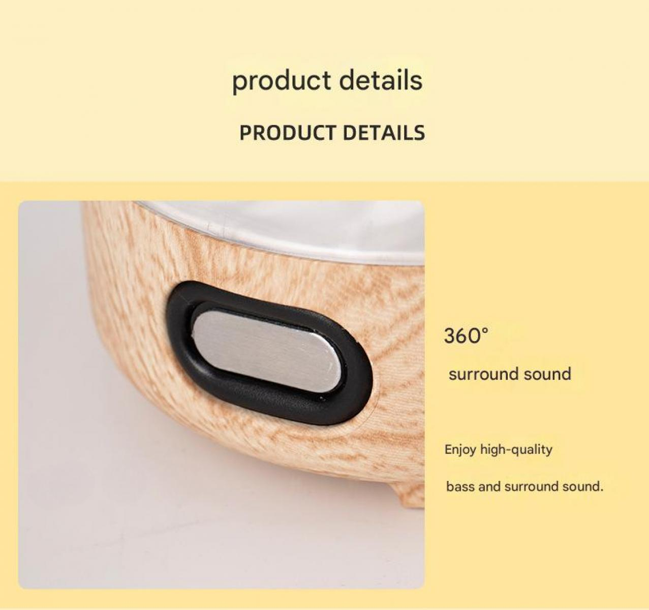 Nahaufnahme eines Holzspeakers mit schwarzem Rand und einem silbernen Knopf. Text lautet 'Produktdetails' und '360° Surround-Sound'.