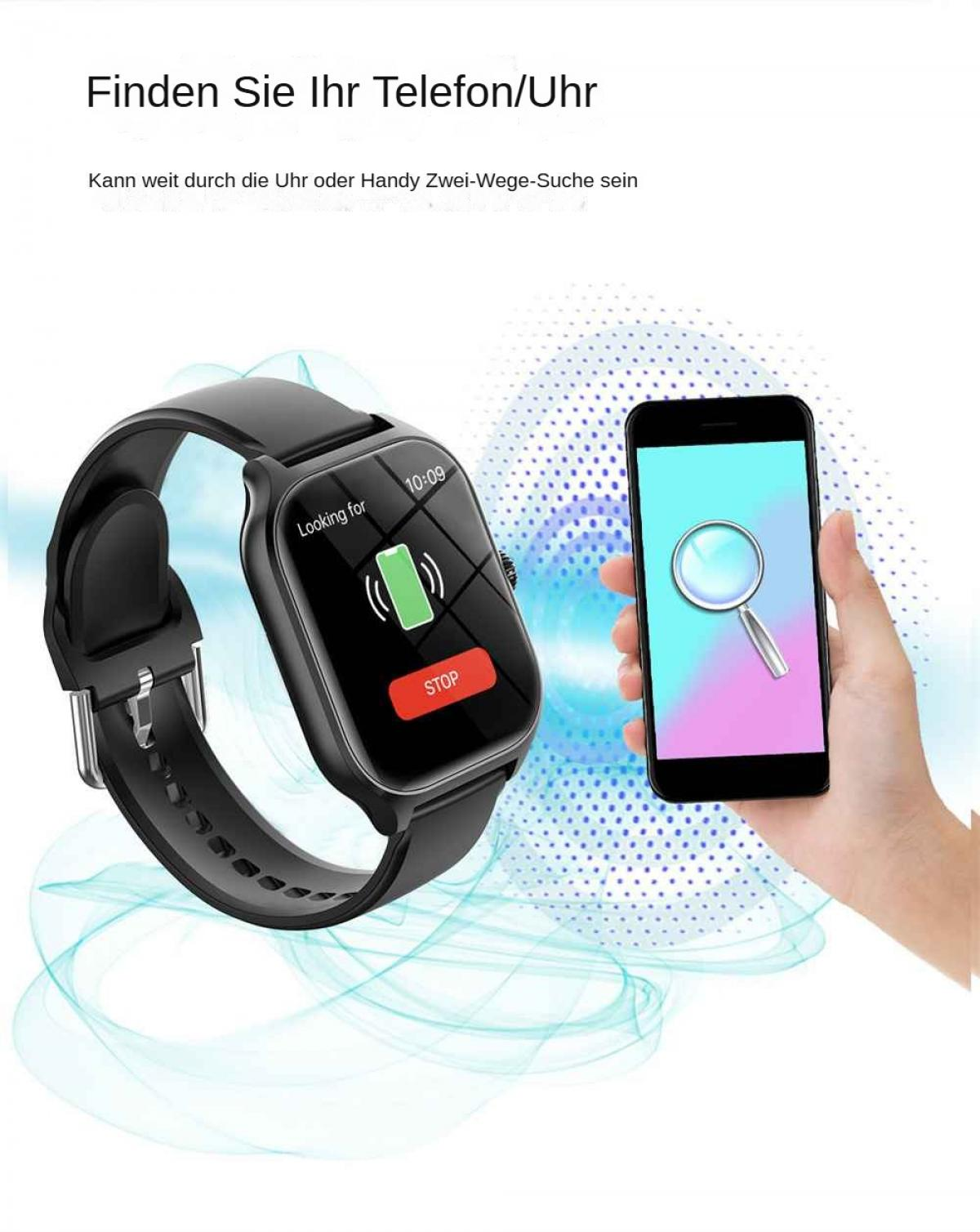 Eine Smartwatch und ein Telefon werden angezeigt. Die Uhr zeigt 'Suchen nach' und ein Batteriesymbol. Das Telefon hat eine Lupe auf dem Bildschirm.