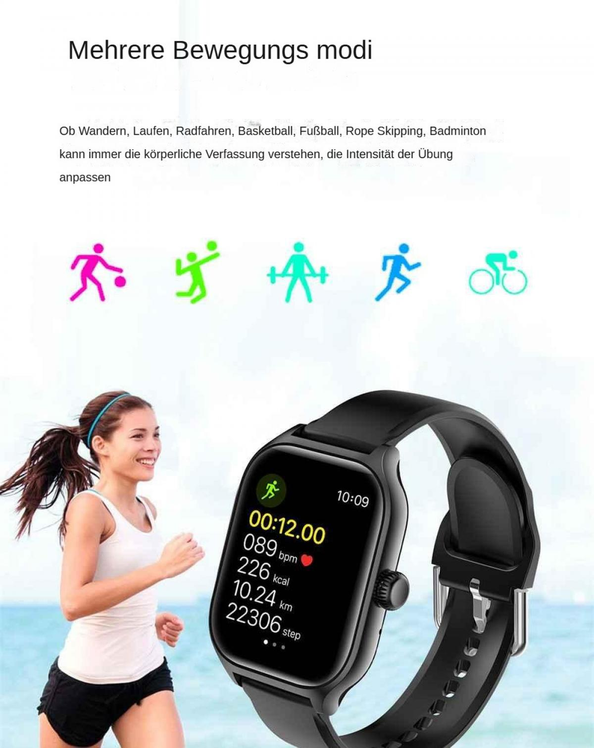 Eine Frau läuft mit einer Smartwatch, die Trainingsstatistiken anzeigt. Die Uhr ist schwarz. Oben steht 'Mehrere Bewegungs modi'.