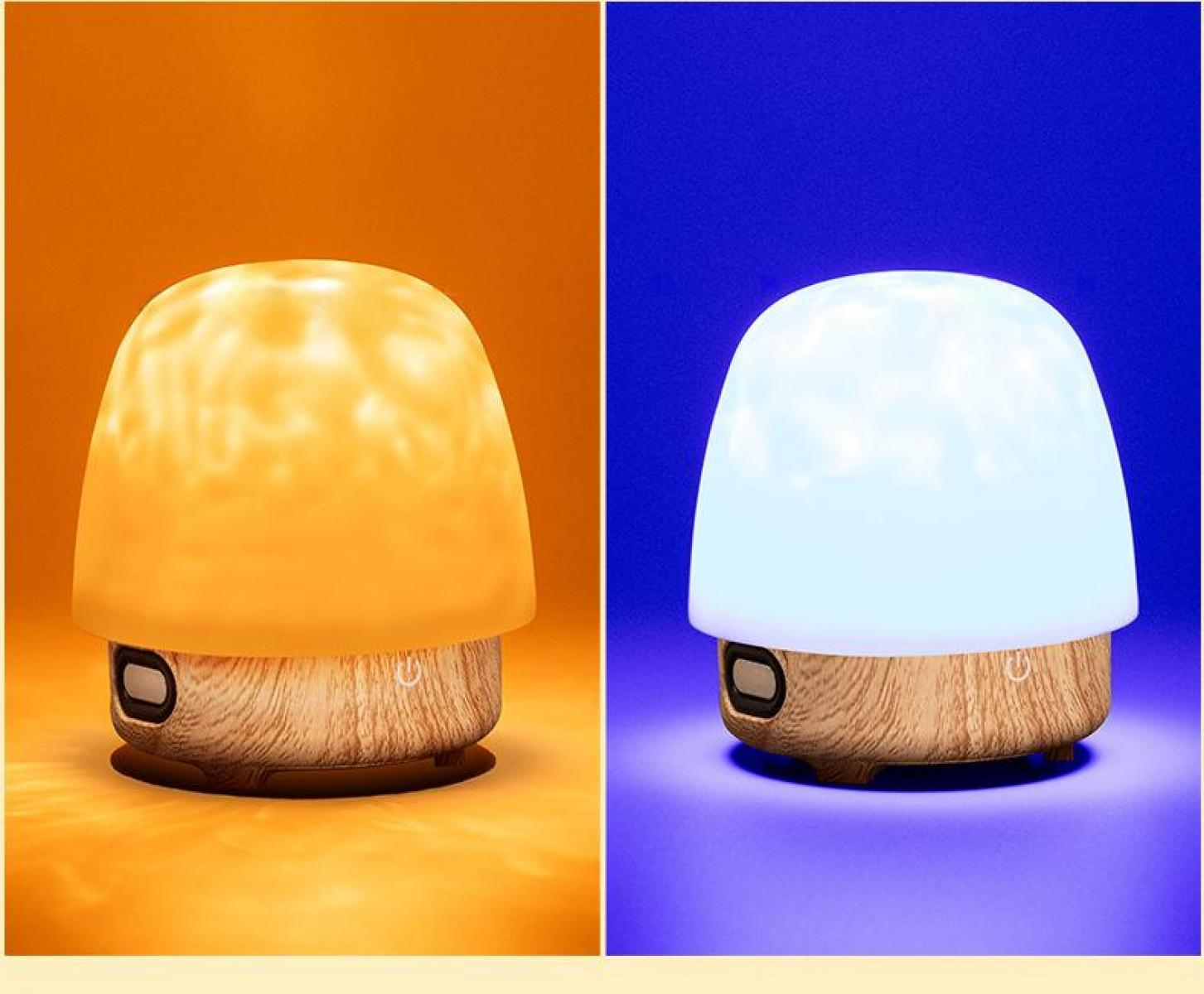 Zwei pilzförmige Lampen. Eine leuchtet orange, die andere weiß. Beide haben einen Holzsockel und einen Ein-/Ausschalter.
