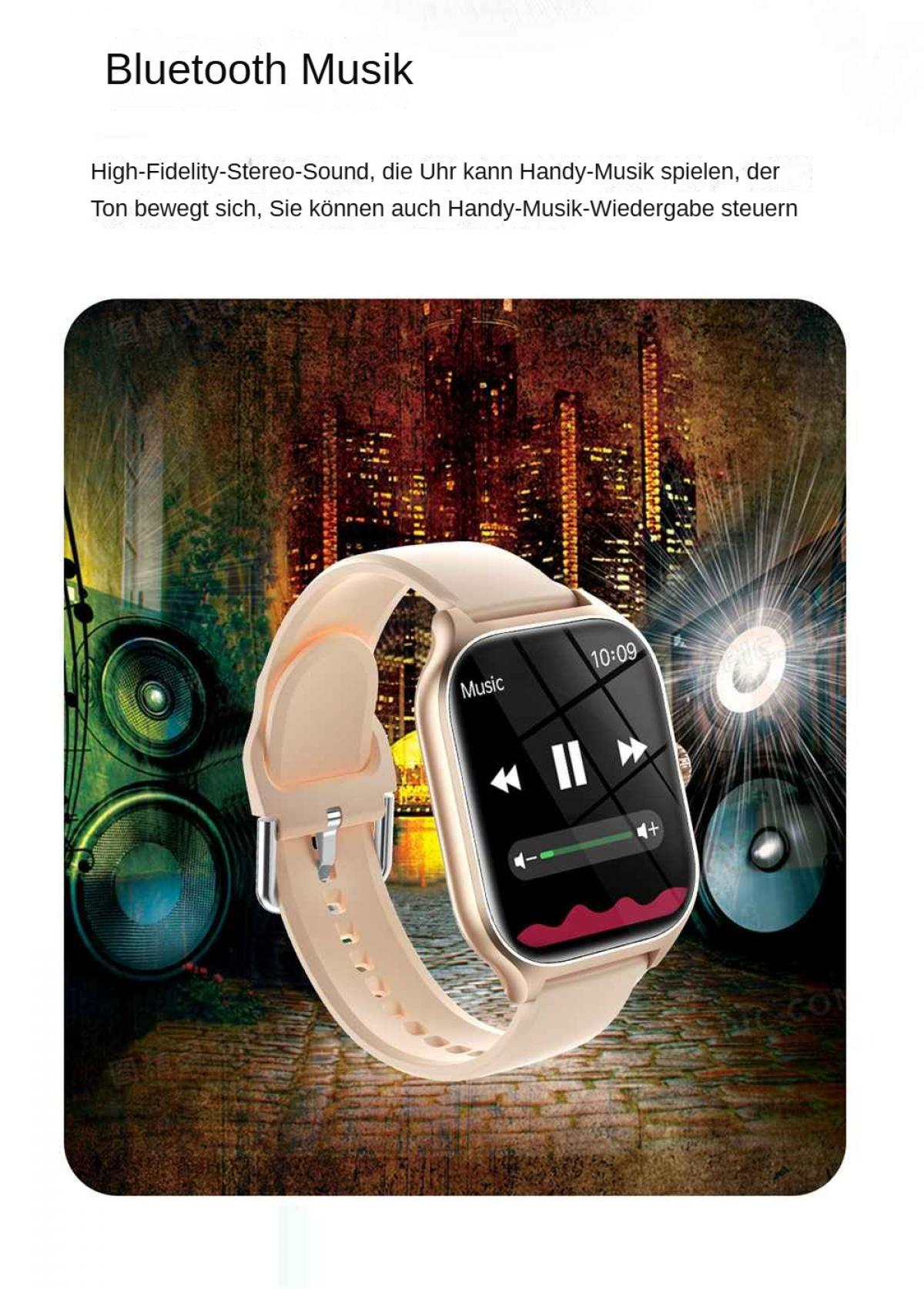 Eine beige Smartwatch zeigt eine Musikplayer-Oberfläche. Der Hintergrund zeigt Lautsprecher und eine abstrakte Stadtlandschaft.